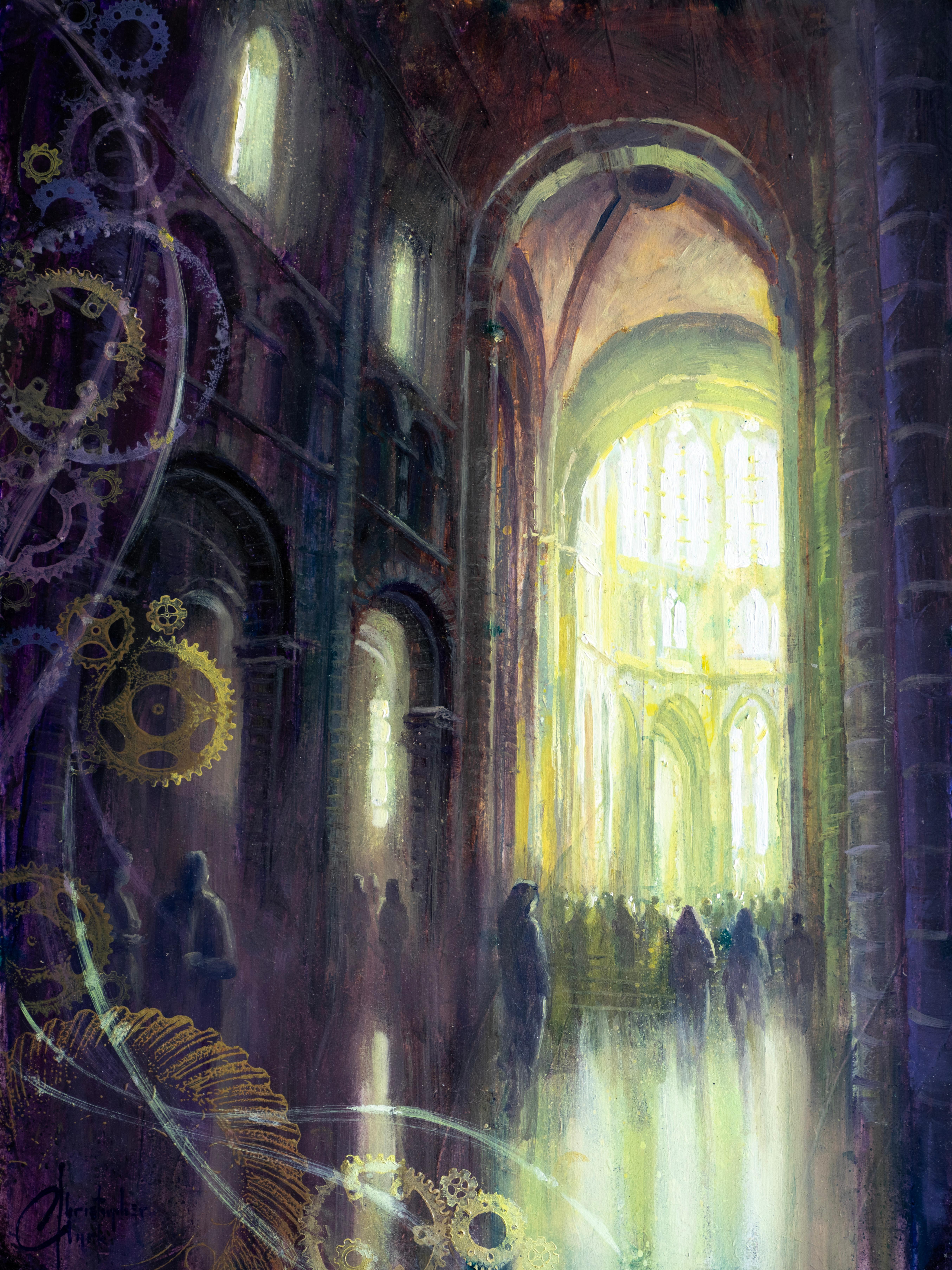 « Mont Saint Michel Abbey » (2024) par Christopher Clark, peinture à l'huile et acrylique