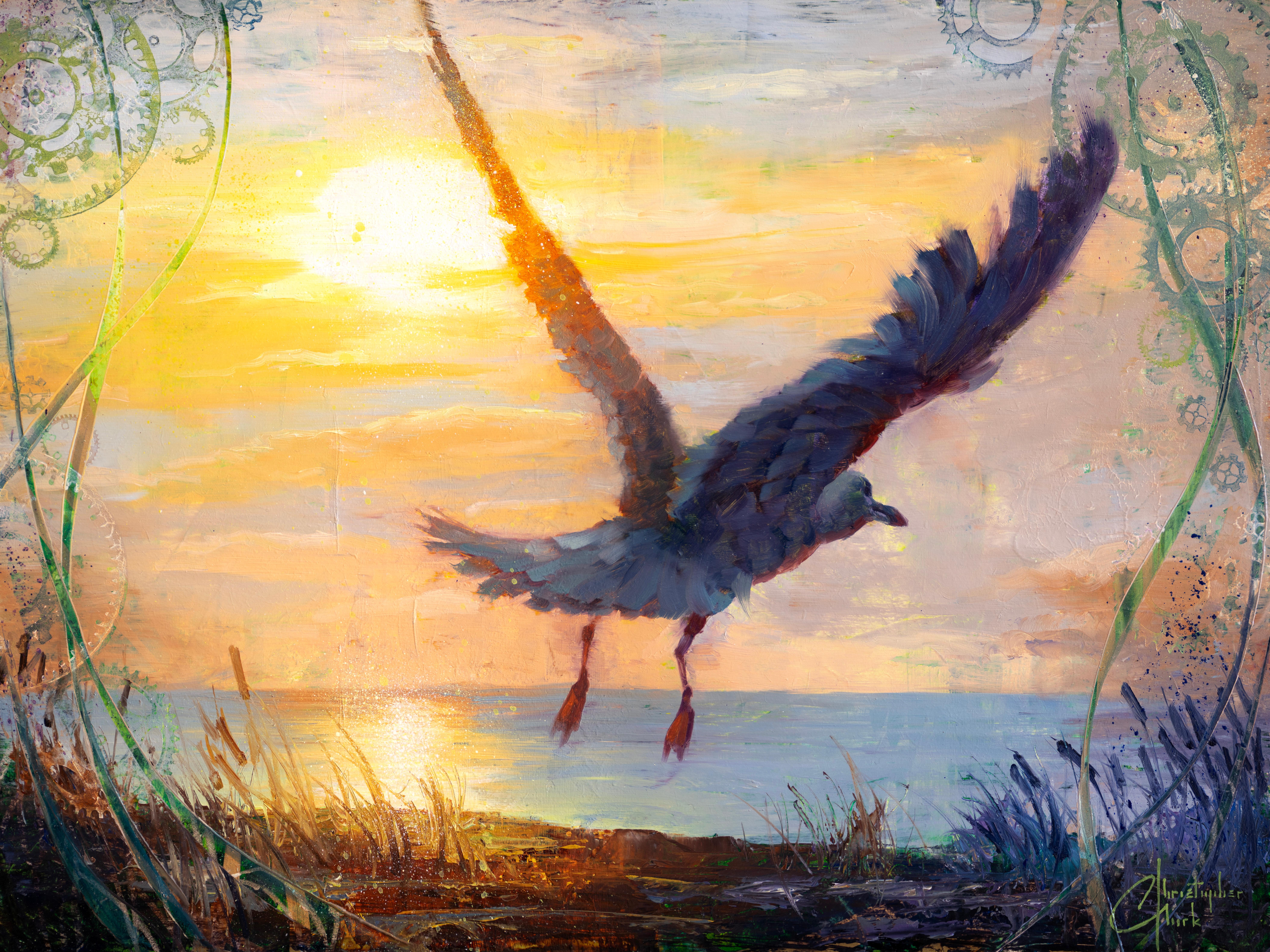 "Nuevos destinos" (2024) de Christopher Clark, pintura al óleo y acrílica de pájaro
