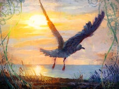 "Nuevos destinos" (2024) de Christopher Clark, pintura al óleo y acrílica de pájaro
