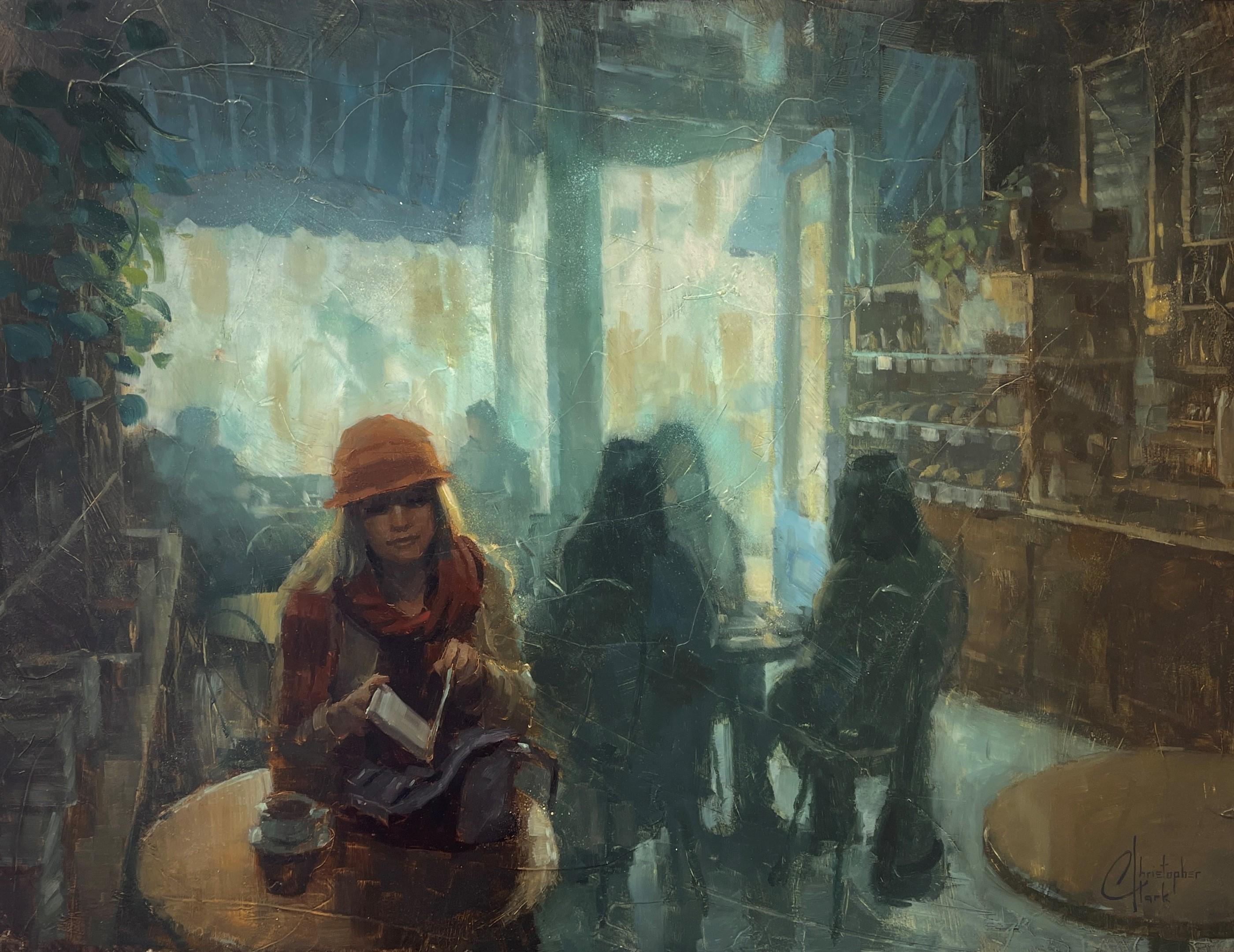 "The Journal" by Christopher Clark is an original oil painting on cradled board that is ready to hang and depicts a blonde female reading in a sun lit cafe.  

Christopher has been an artist since early childhood, when he would watch Bob Ross on PBS