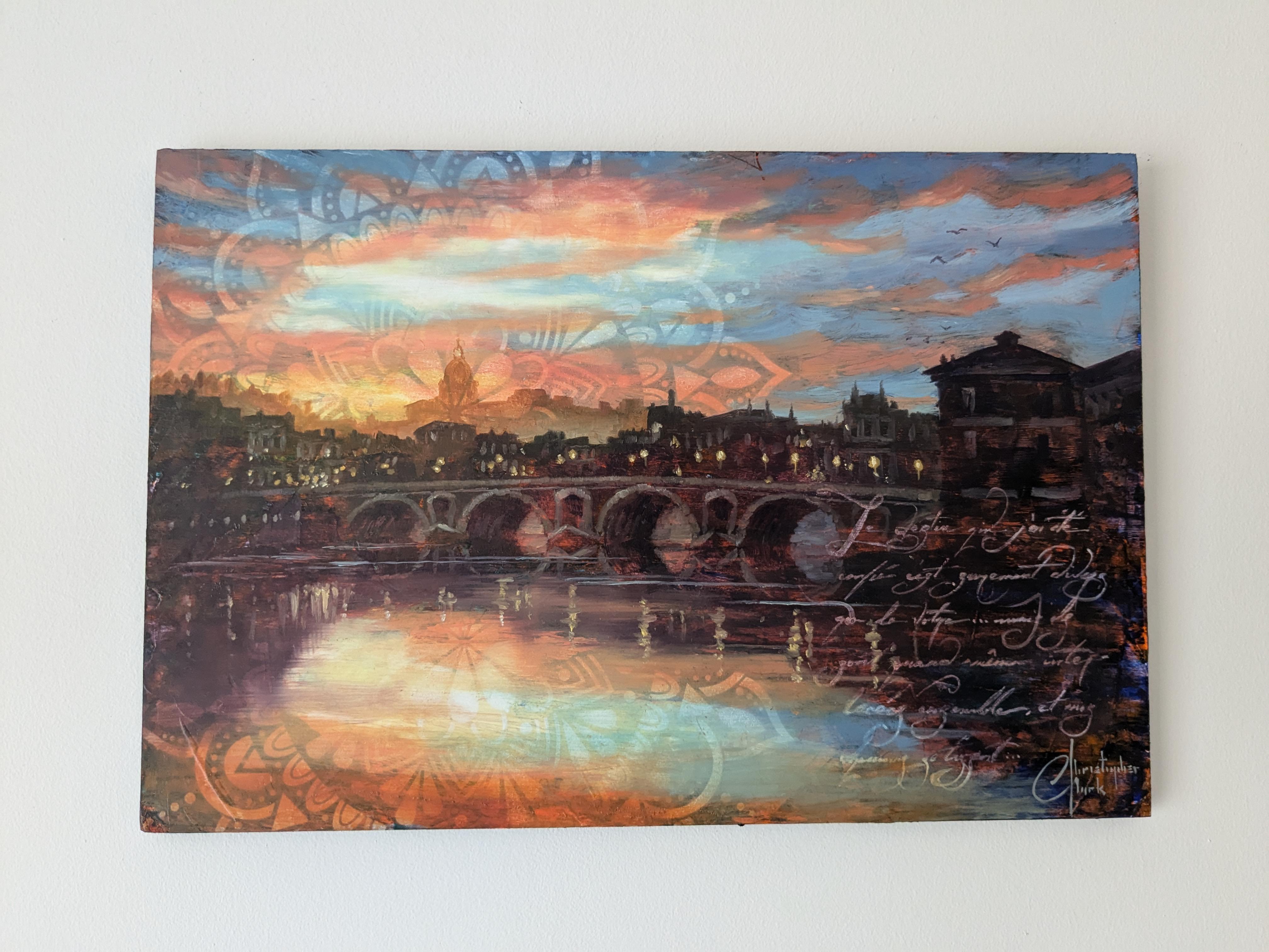 „Toulouse Pont Neuf Sonnenaufgang“ (2024) von Christopher Clark, Öl- und Acrylgemälde im Angebot 1