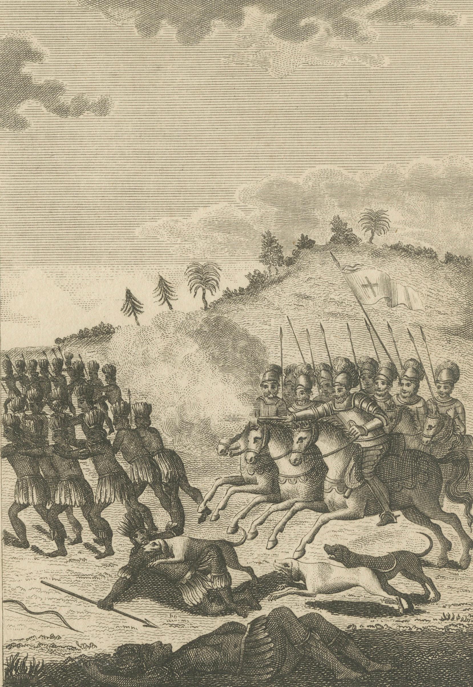Christopher Columbus Battle in Hispaniola, Antique Engraving, Dublin c.1815