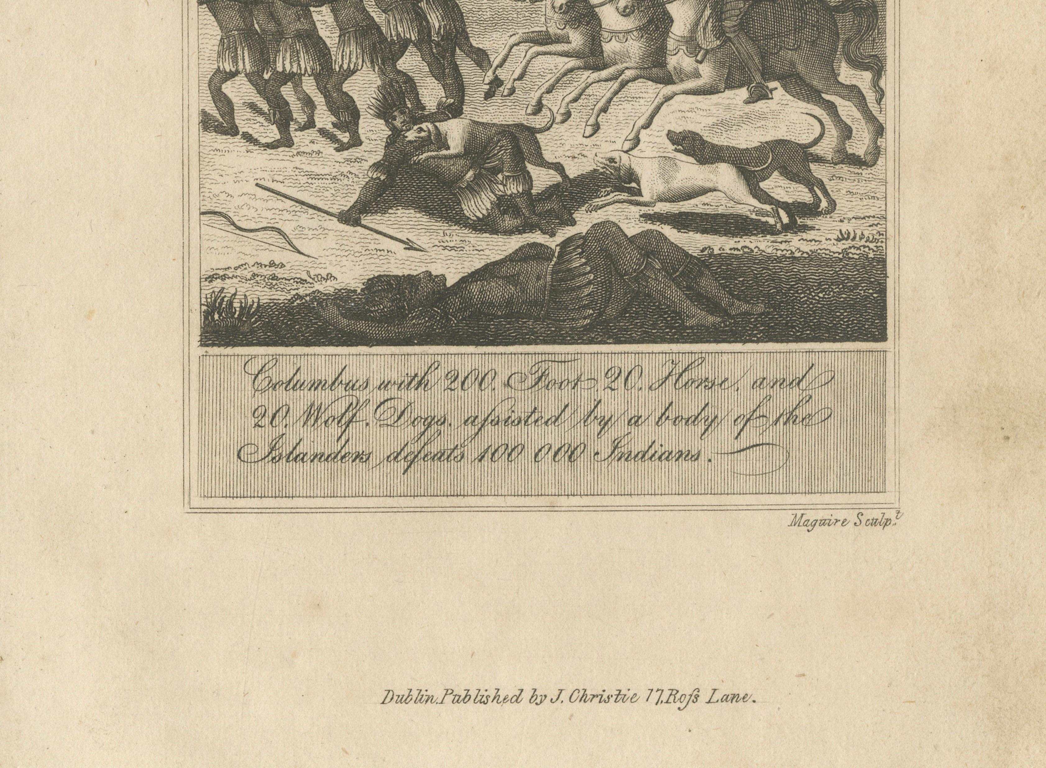 Christopher Columbus Battle in Hispaniola, Antique Engraving, Dublin c.1815