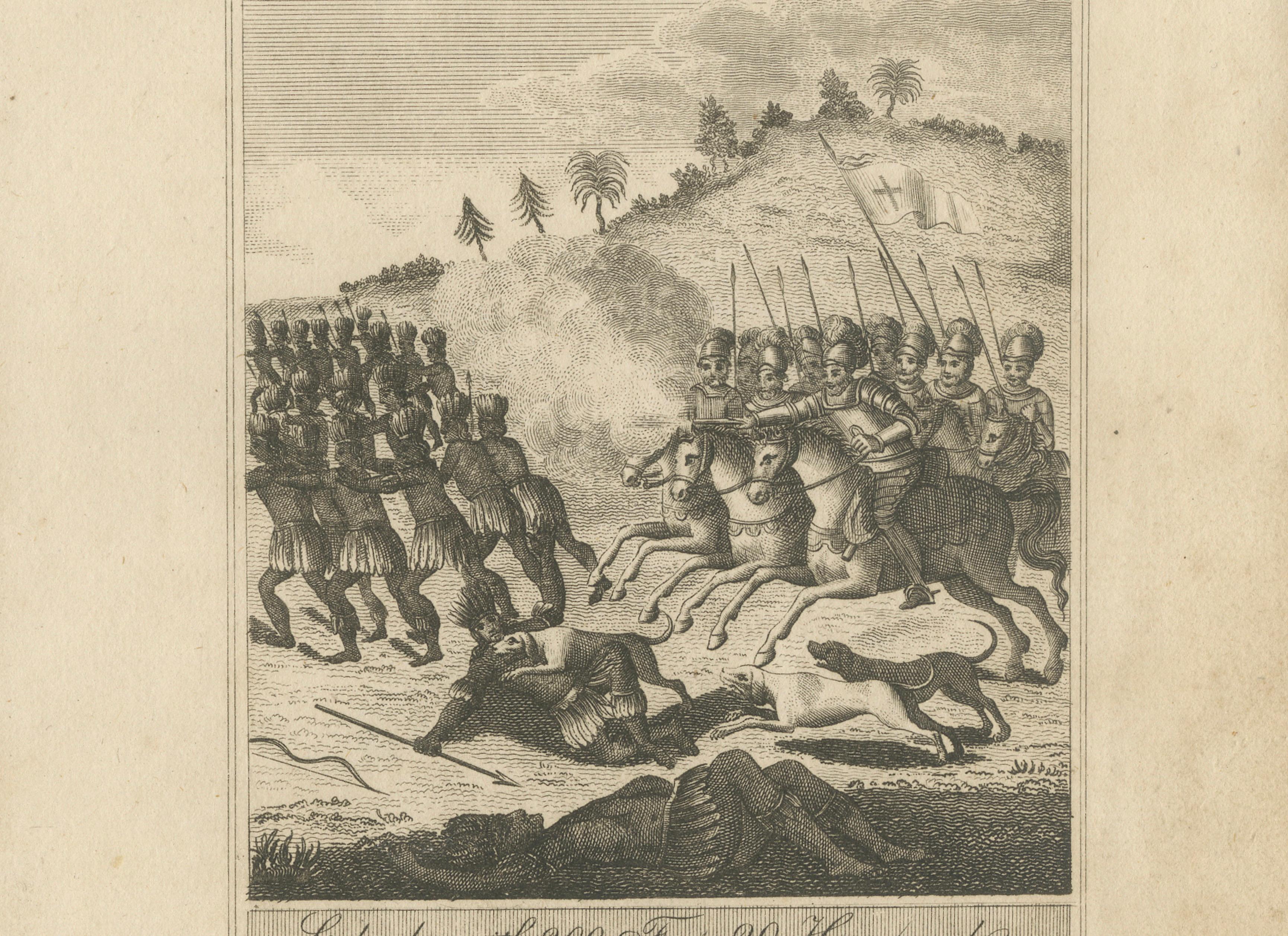 Christopher Columbus Battle in Hispaniola, Antique Engraving, Dublin c.1815