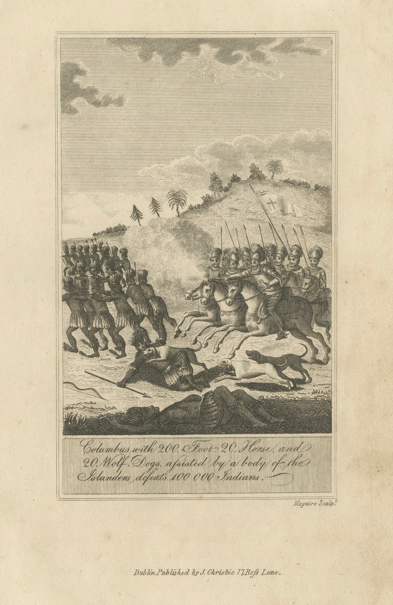 Christopher Columbus Battle in Hispaniola, Antique Engraving, Dublin c.1815