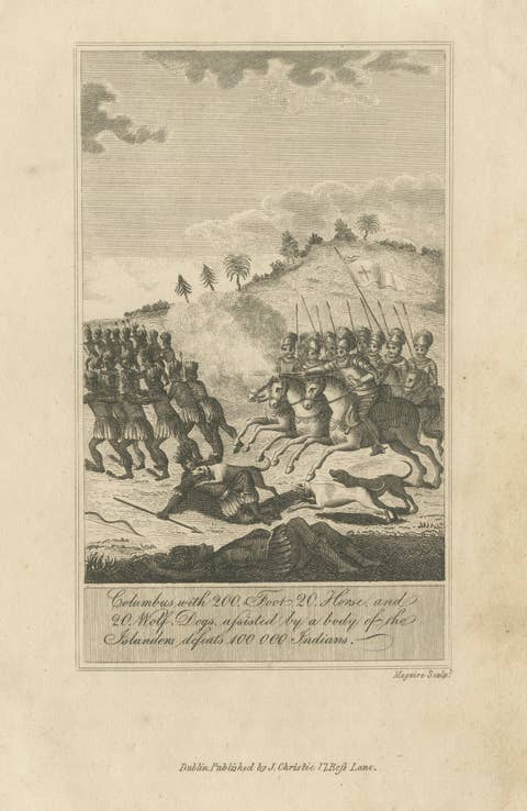 Christopher Columbus Battle in Hispaniola, Antique Engraving, Dublin c.1815
