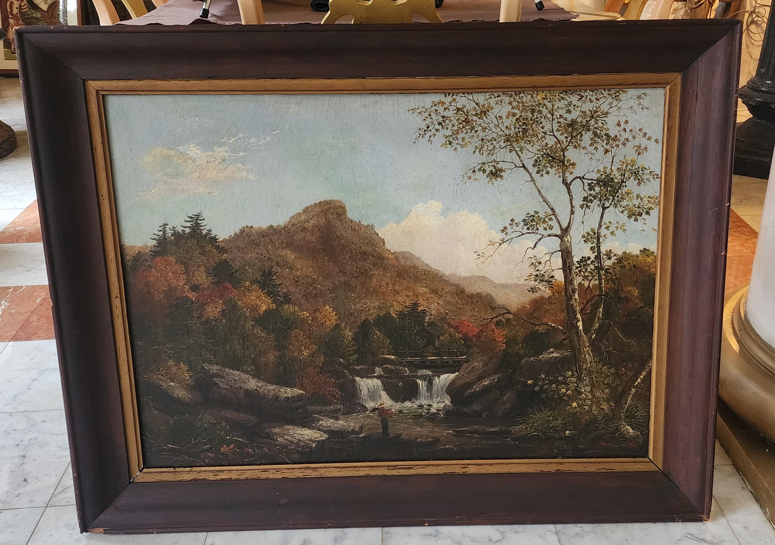 Autumn Landscape with Boy Fishing - Painting by Christopher Cranch