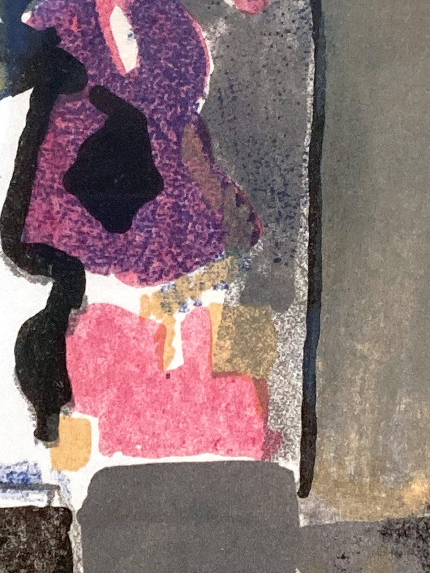 This piece is a bold display of French artist Christopher Curien's structurally strong pieces, with an intense color of Black and pops of blue, purple and white, mimicking feelings from the Mid Century. Comes displayed in a beautiful gold tone frame