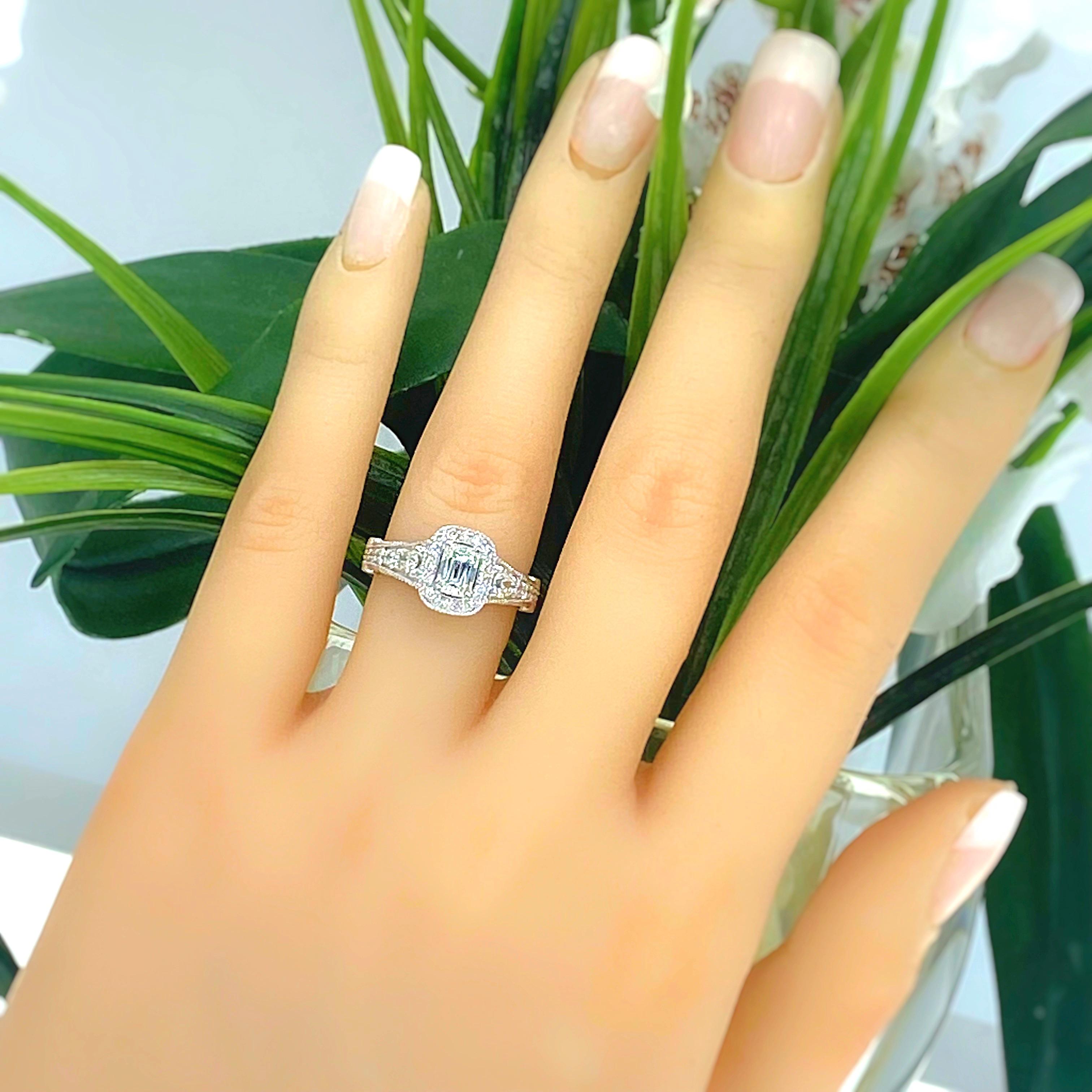 Christopher Designs CRISSCUT Diamond Halo Engagement Ring
Style:  Pave Halo
Metal:  18kt White Gold
Size:  6  sizable
TCW:  2.00 tcw
Main Diamond:  Crisscut Diamond ( Emerald Cut ) 0.75 cts
Color & Clarity:  G, VS1
Accent Diamonds:  86 Crisscut