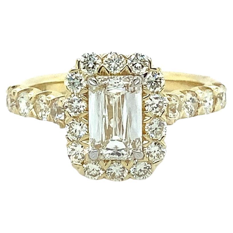 Christopher Designs Crisscut Emerald Cut Halo Diamond Engagement Ring, 18K YG For Sale