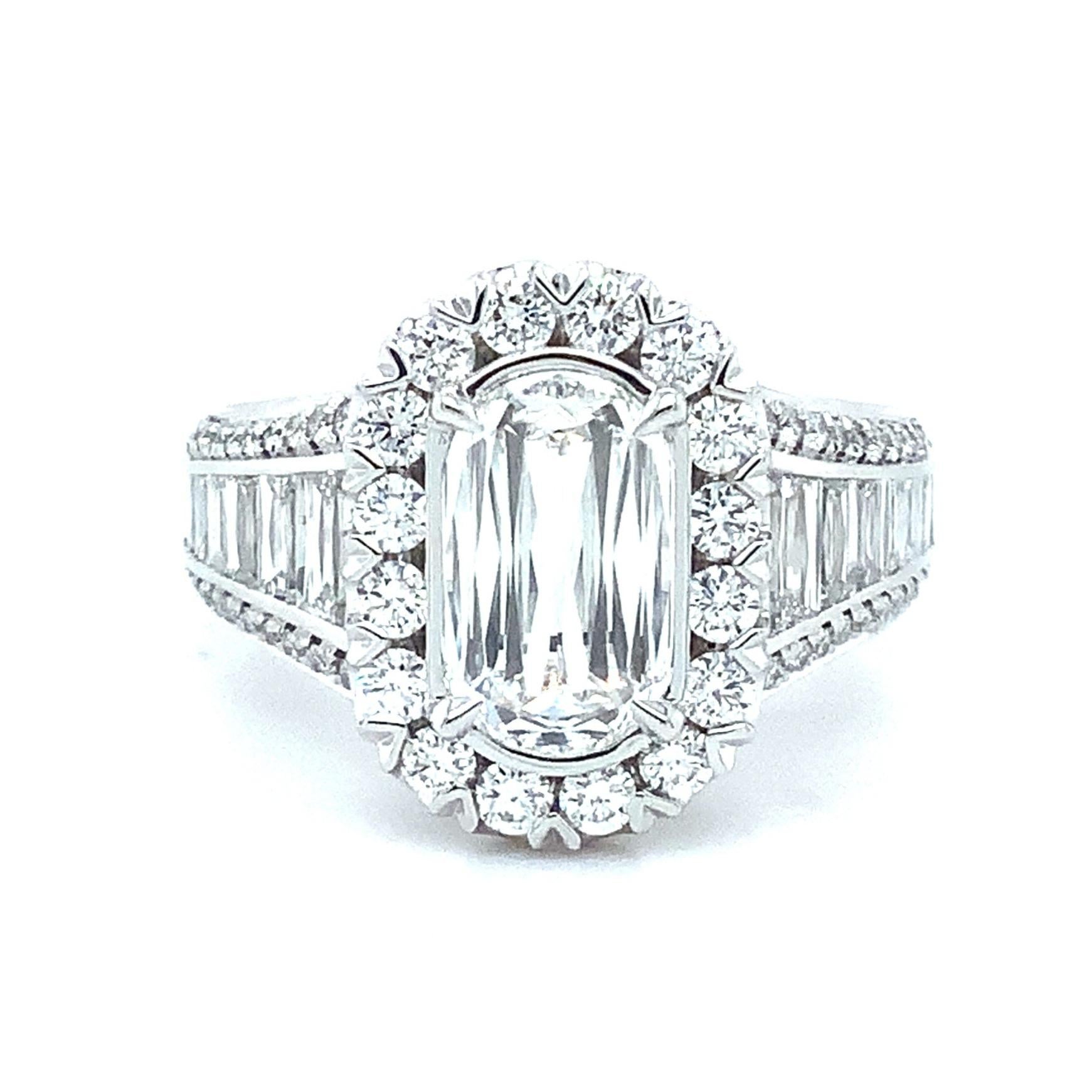 Christopher Designs Crisscut® Engagement Ring with 1.21 ct L'Amour Crisscut® Diamond center, Surrounded by Crisscut® Tapered Baguette cut Diamond 1.23 ctw and Round Brilliant Diamonds 0.66 ctw. The modern design Ring features 3-row Tapered Shank