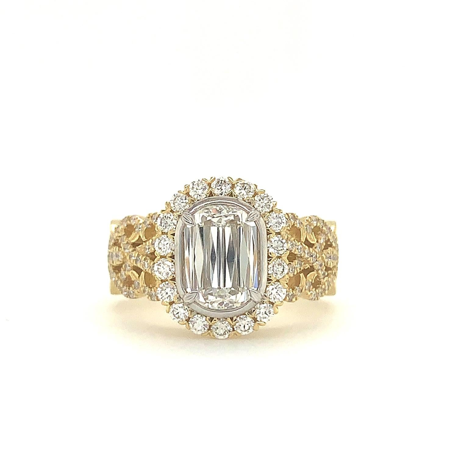 Christopher Designs Crisscut® L'amour Diamond Engagement Ring. This Beautiful Halo Design features a Fillagree band, paved in Diamonds. 
Set in 18k Yellow Gold and White Gold for the Center Diamond.
Christopher Designs Crisscut® engagement ring with