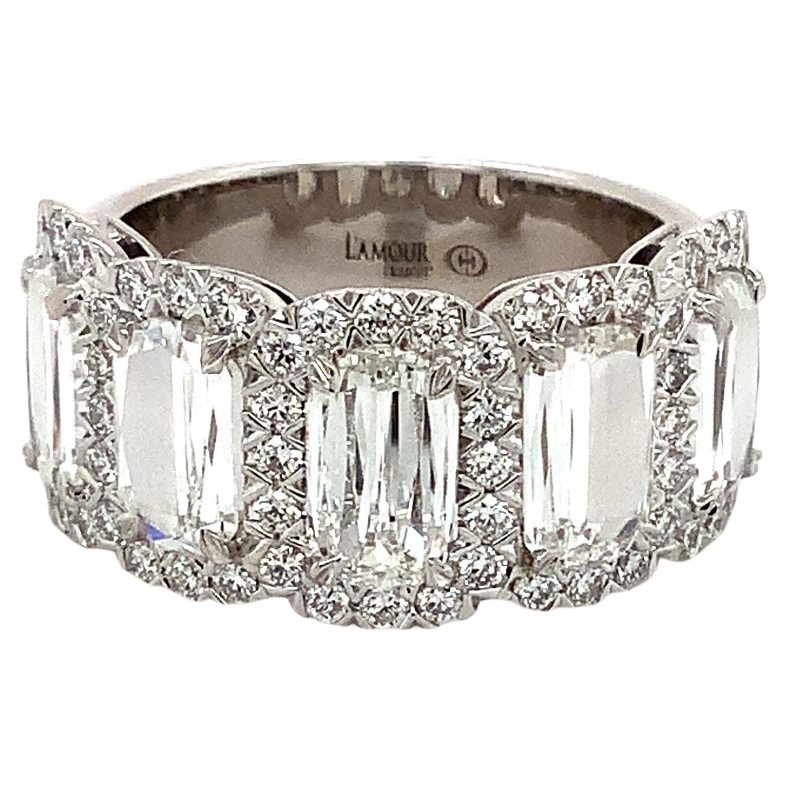 Christopher Designs L'Amour Crisscut 5 Stone Halo Diamond Ring 18K White Gold For Sale