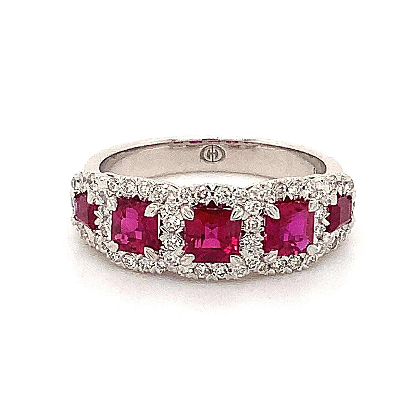 Christopher Designs Vivid Red  Burmese Ruby Ring with Diamond Halo in 18Kt White Gold. This is one of a Kind and Very Pretty.
5 Ruby = 1.41ctw  Dark intense Medium Red Color and excellent Saturation.
Ascher Square Cut and Baguette Cut
Gem