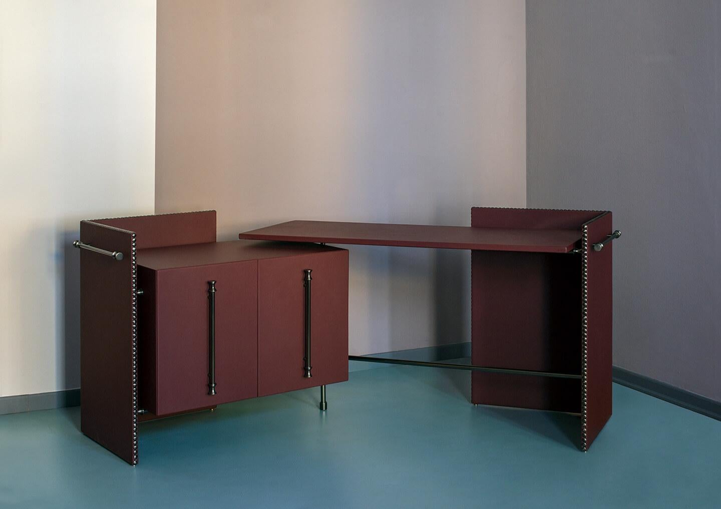 Christopher desk by Marta Sala Editions
Dimensions: W 210 x D 75 x H 84 cm
Materials: Leather, Brass, Wood
Variations of Material and Dimension are available.

Each piece of furniture is the result of a creative dialogue. With her very specific