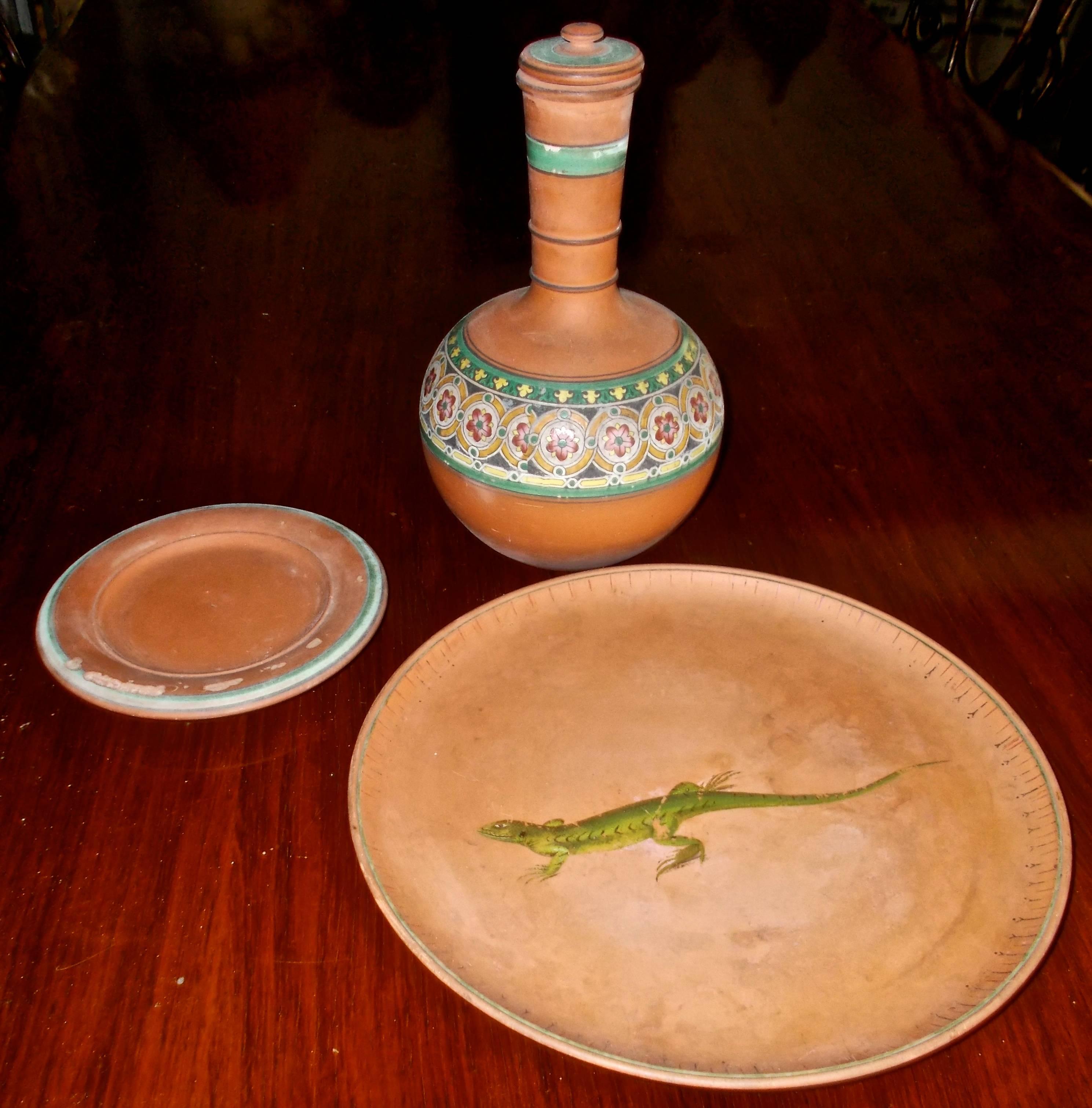 English 'Christopher Dresser' Aesthetic Movement Watcombe Torquay Geiko Plate & Carafe