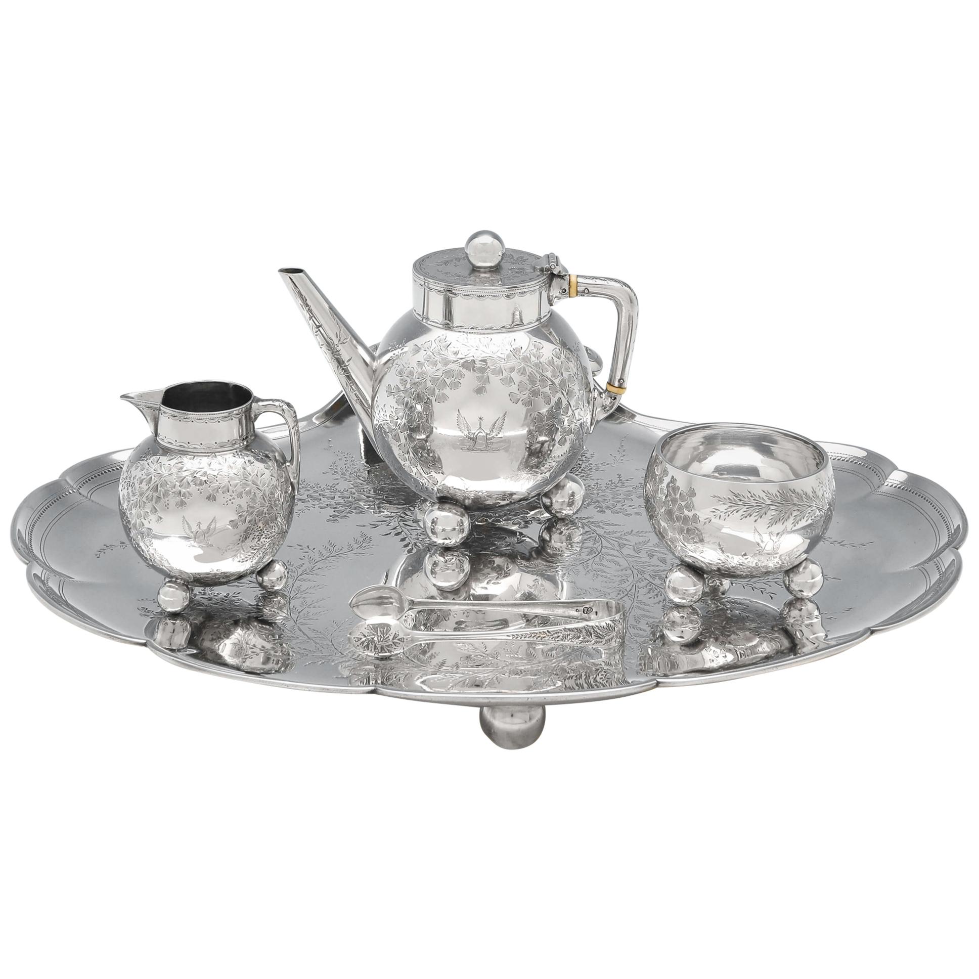 Christopher Dresser Design Antique Sterling Silver Tea Set on Tray by Elkington
