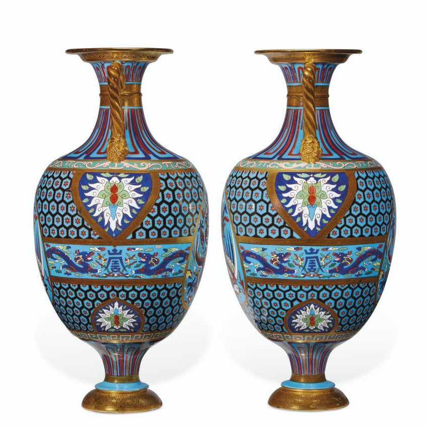 Chinoiserie Christopher Dresser Faux Cloisonne Vases for Mintons For Sale