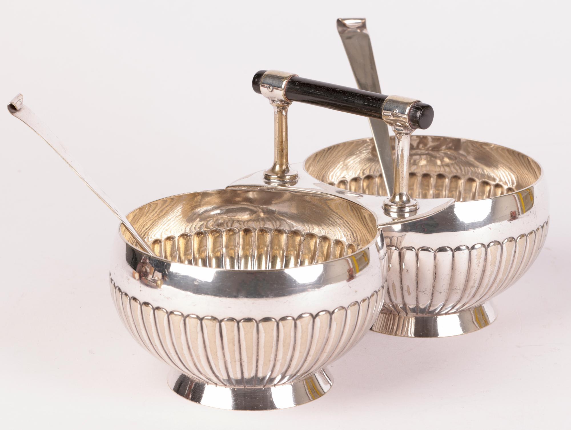 Hand-Crafted Christopher Dresser for Hukin & Heath Silver Plated Sugar Bowl with Ladles