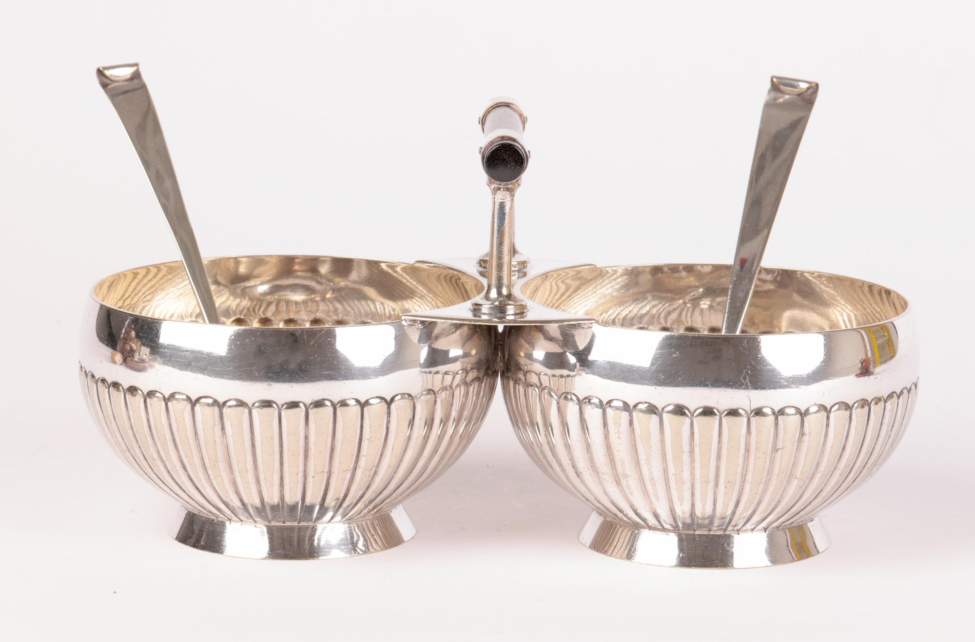 Late 19th Century Christopher Dresser for Hukin & Heath Silver Plated Sugar Bowl with Ladles