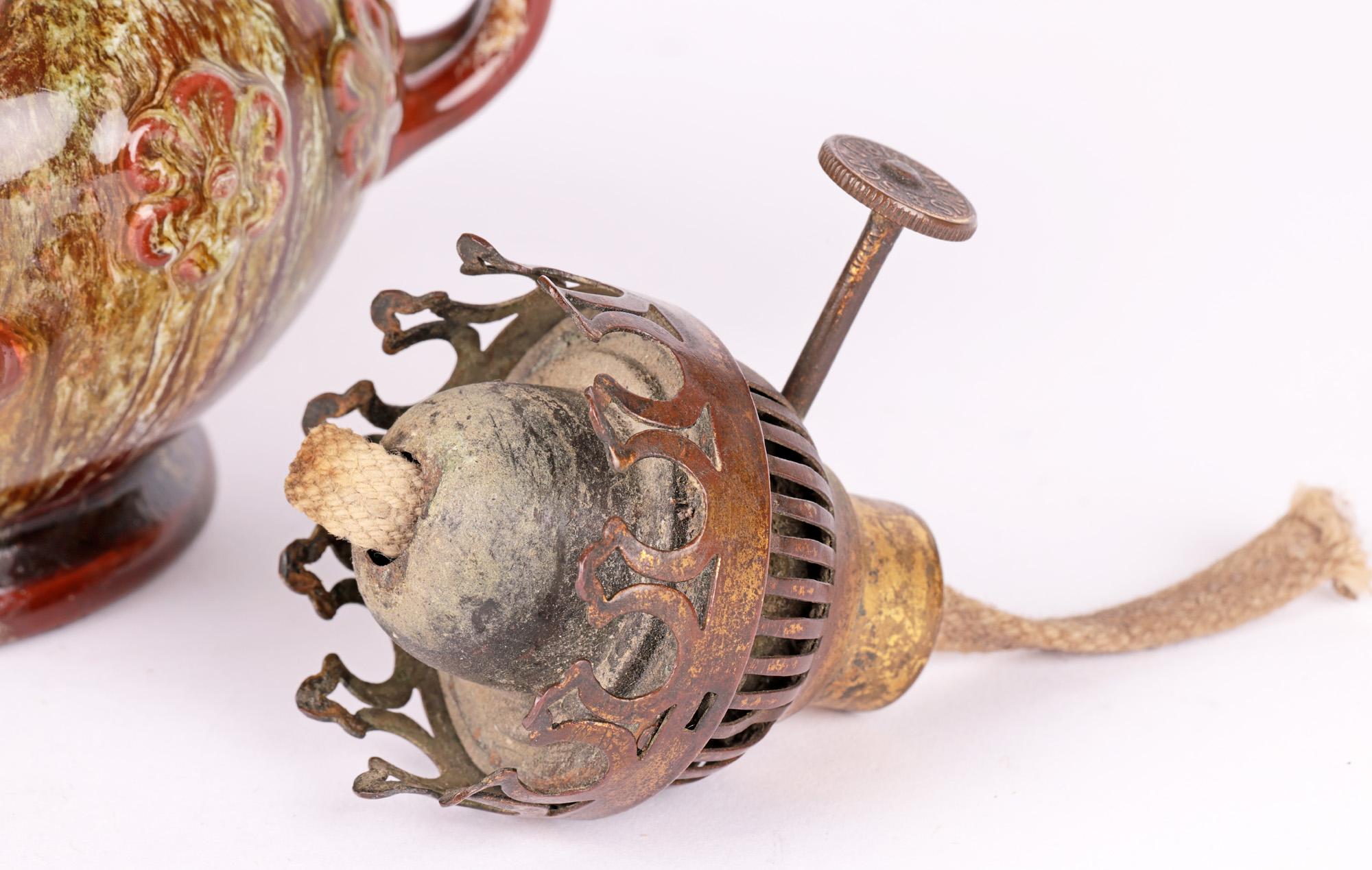 Brass Christopher Dresser for Linthorpe Loop Handled Art Pottery Oil Lamp For Sale