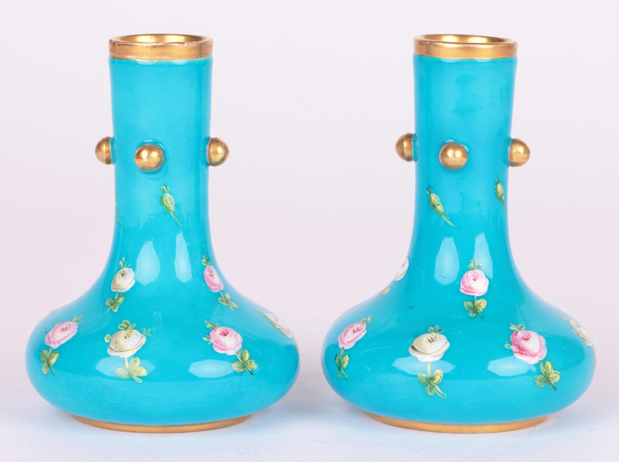 Christopher Dresser for Minton Pair Turquoise Floral Painted Vases 2