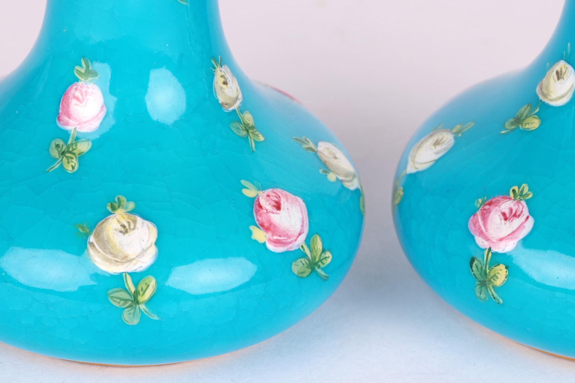 Christopher Dresser for Minton Pair Turquoise Floral Painted Vases 3
