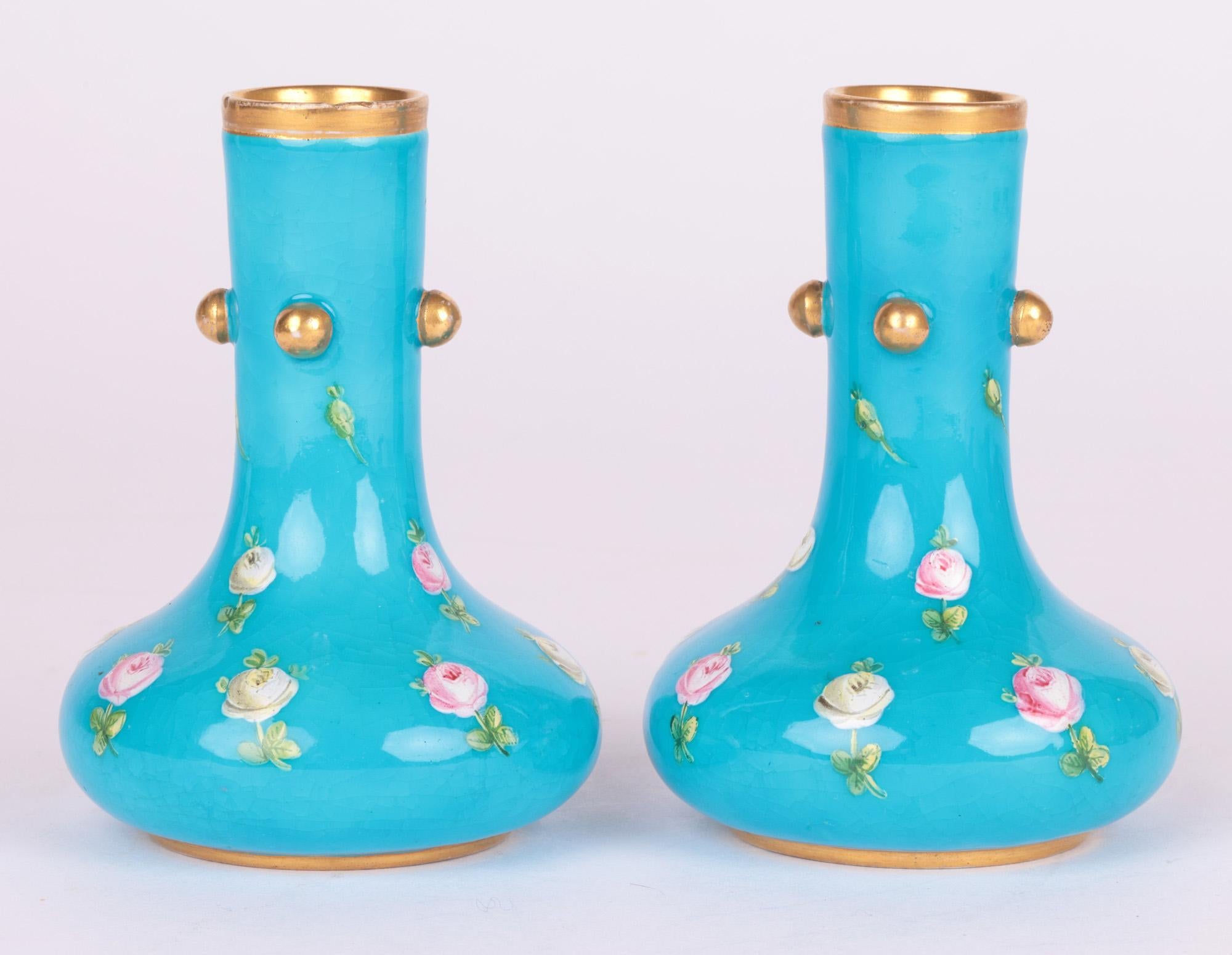 Christopher Dresser for Minton Pair Turquoise Floral Painted Vases 6