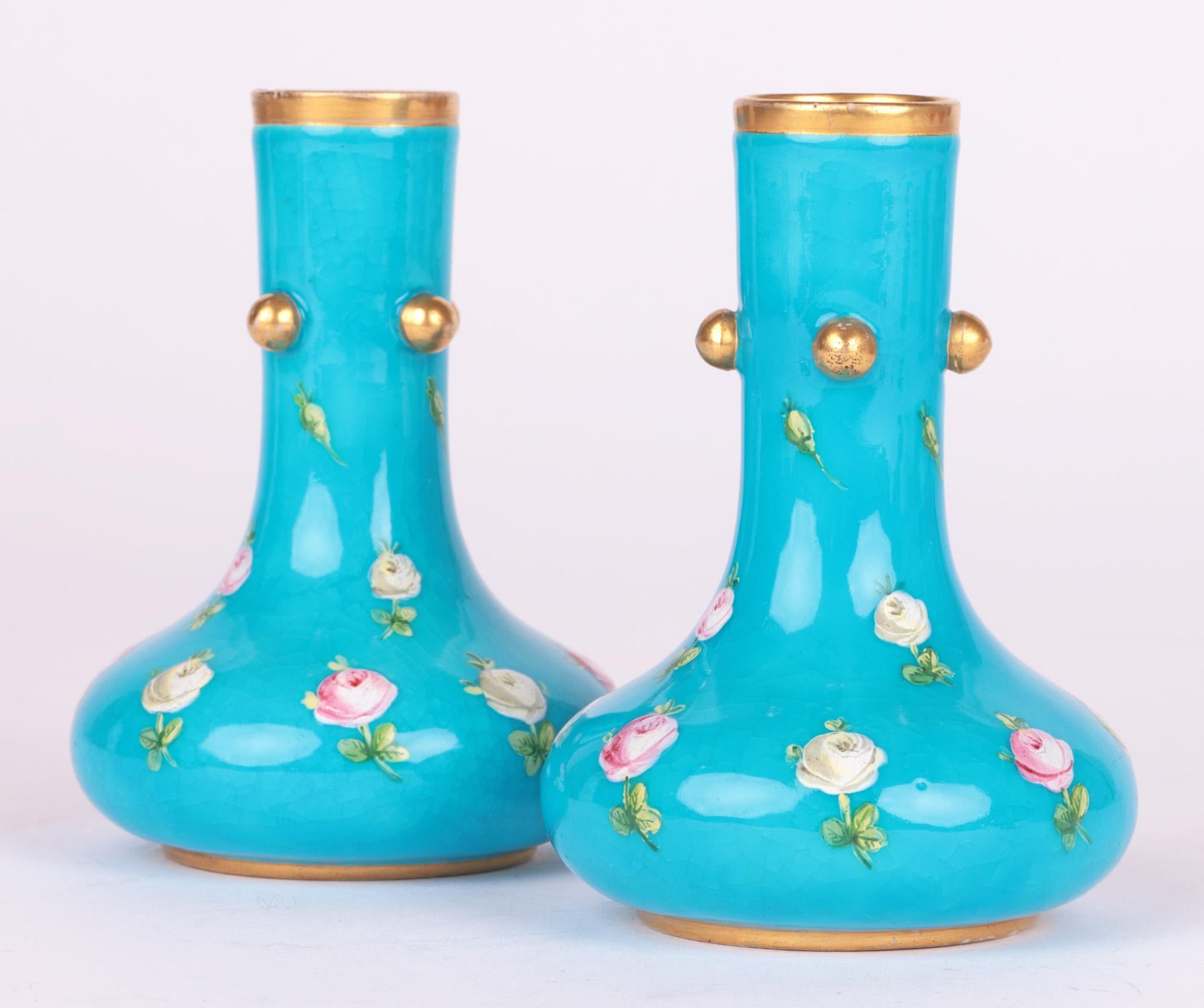 Christopher Dresser for Minton Pair Turquoise Floral Painted Vases 8