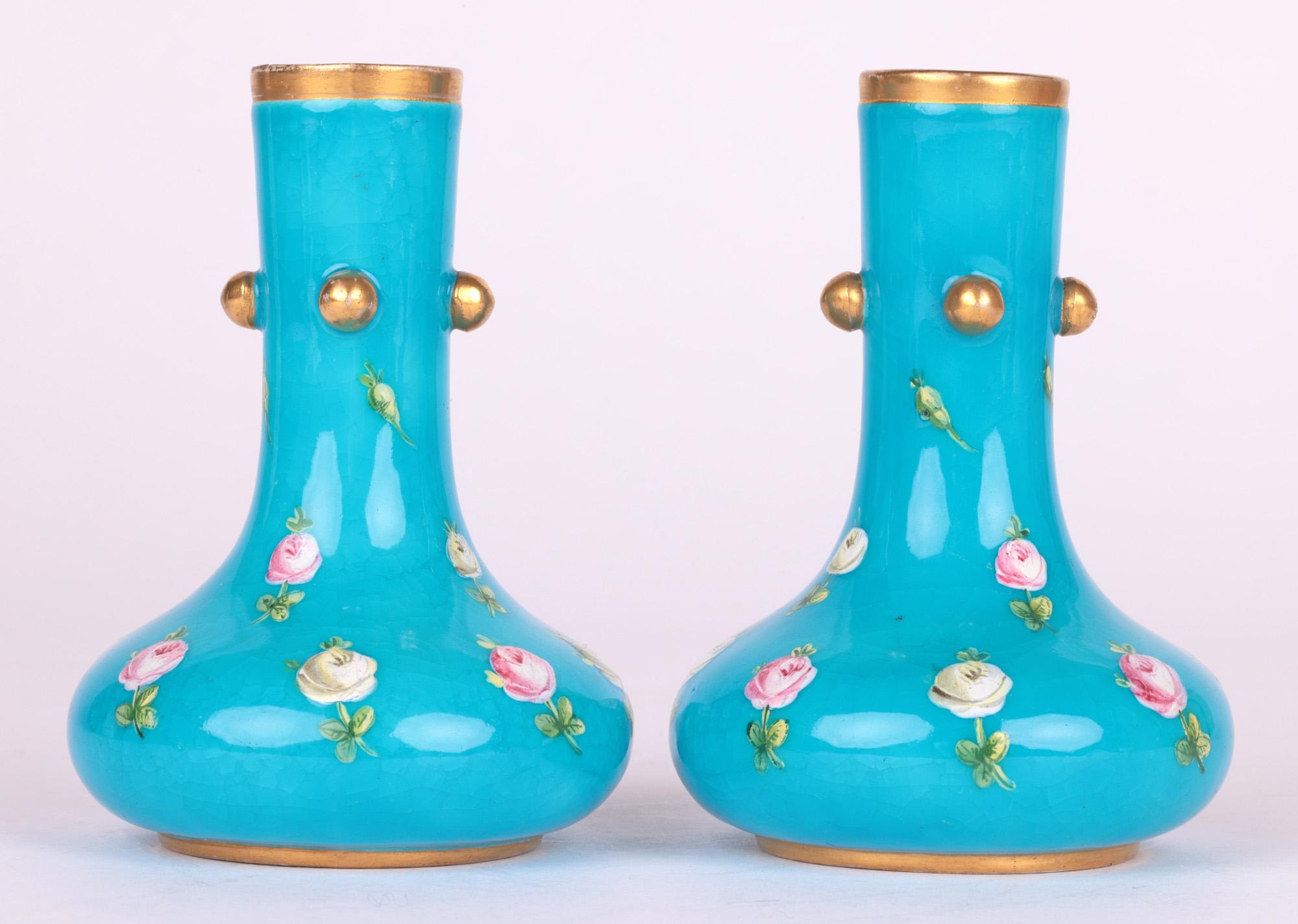 Christopher Dresser for Minton Pair Turquoise Floral Painted Vases 12
