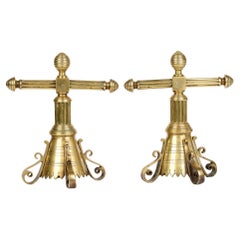 Used Christopher Dresser Hukin & Heath Aesthetic Movement Pair Brass Andirons 