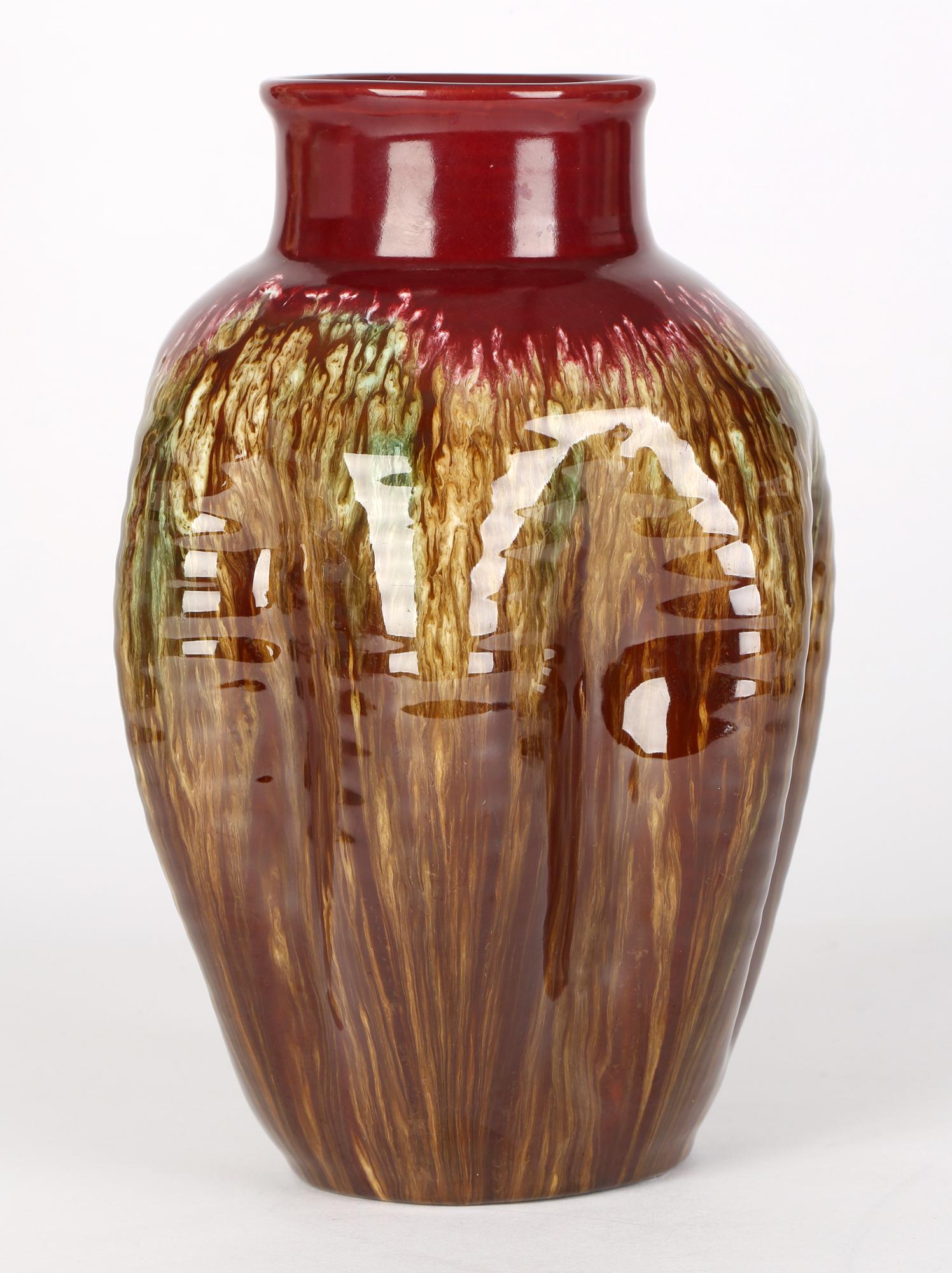 Hand-Crafted Christopher Dresser Linthorpe Pinched Streak Glazed Art Pottery Vase For Sale