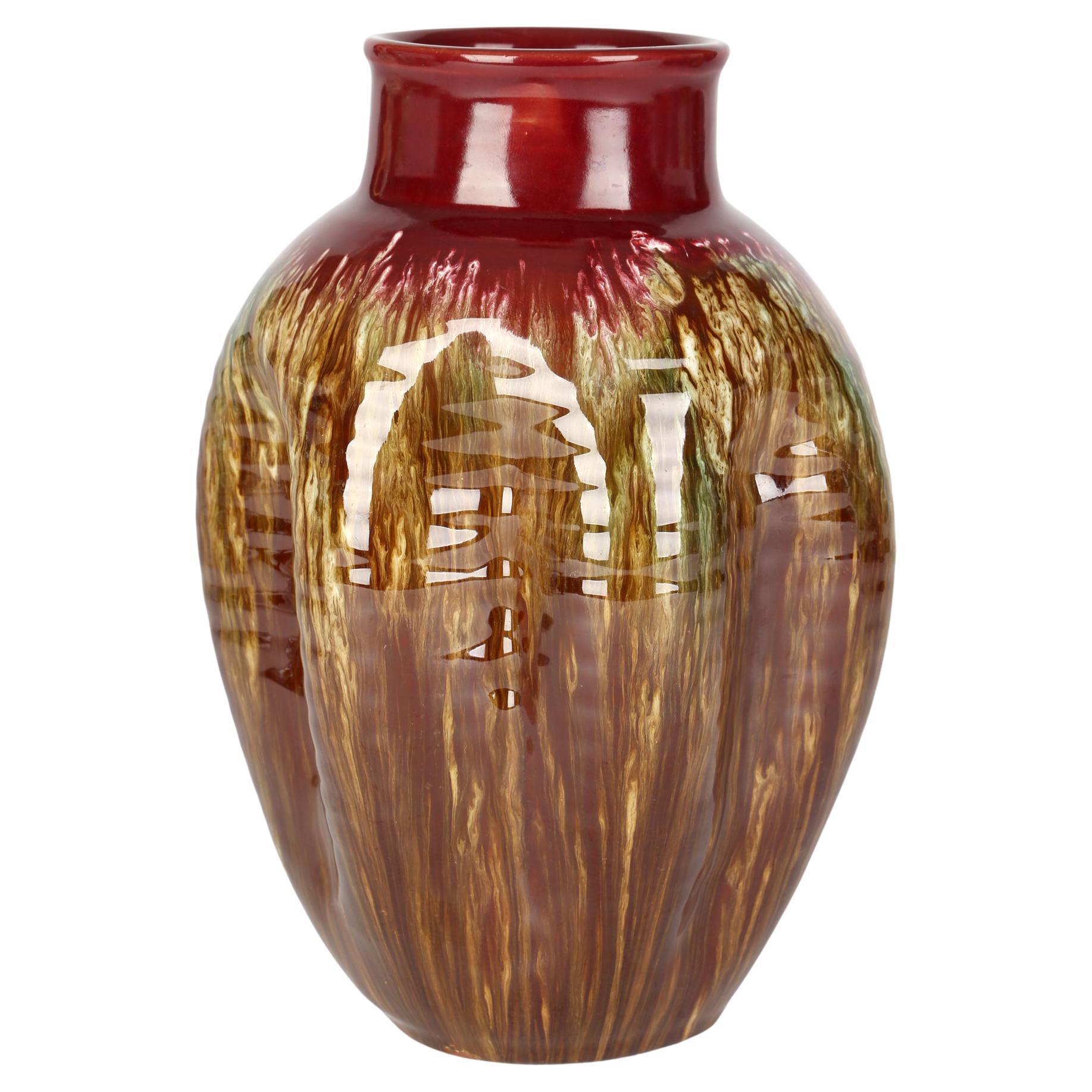 Christopher Dresser Linthorpe Pinched Streak Glazed Art Pottery Vase For Sale