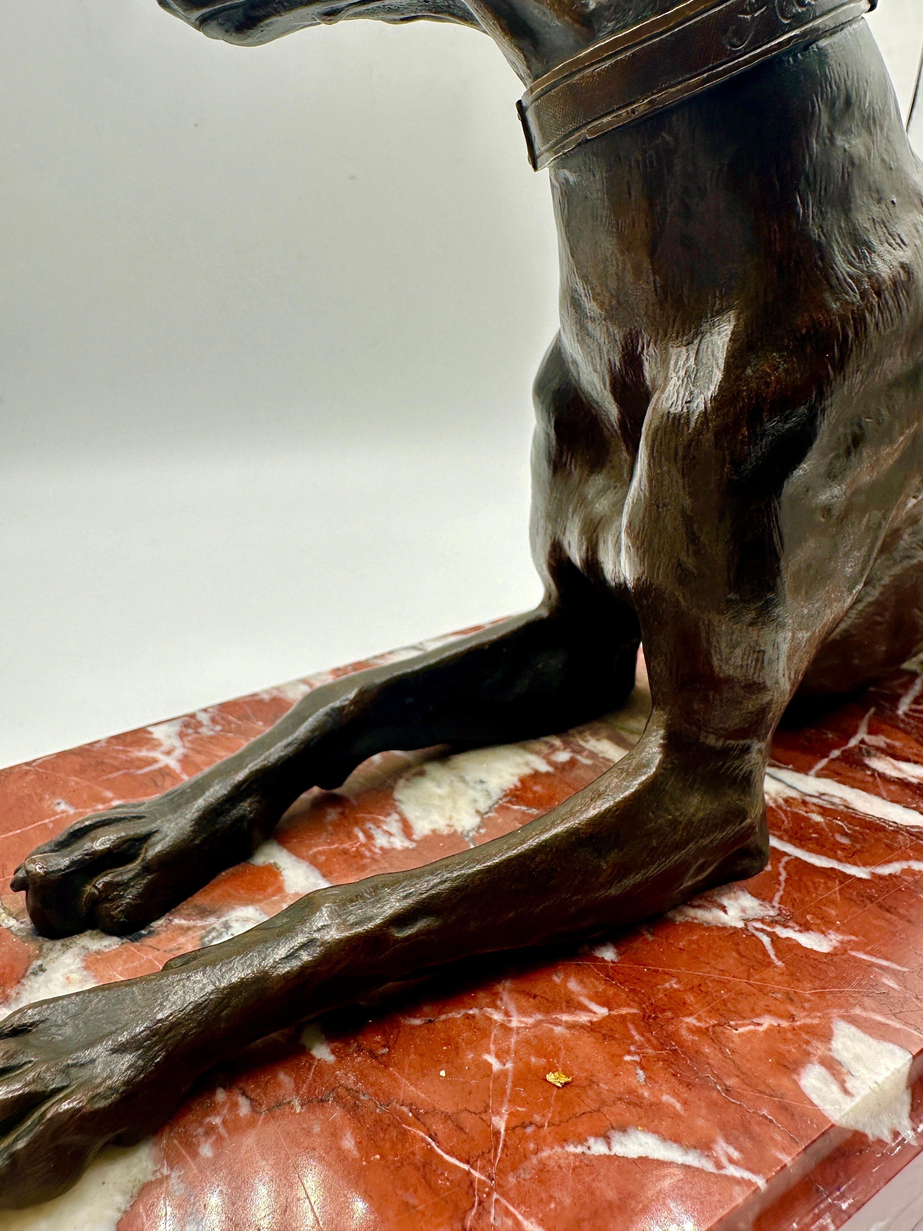Grande figure en bronze de la fin du XIXe siècle représentant un lévrier couché d'après le sculpteur animalier français Christophe Fratin (1801-1864), avec une patine brune chaude sur une base en marbre rouge griotte. Signé 