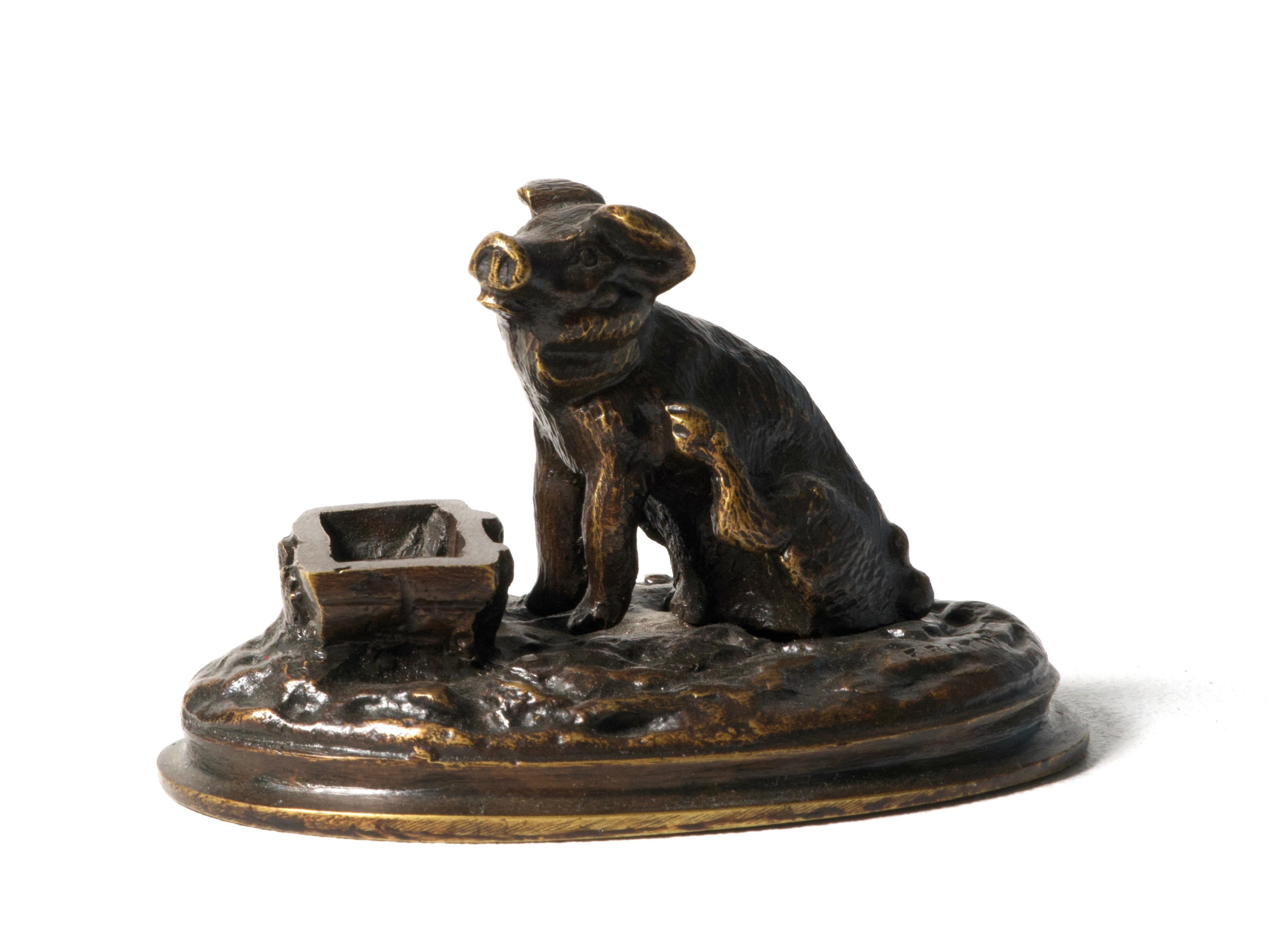 Christopher Fratin Figurative Sculpture - Cochon devant une mangeoire, figurine en bronze de Christophe Fratin 19e siècle