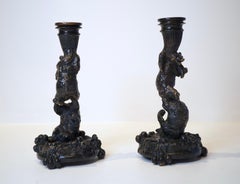 Flambeaux ours et fuits - Deux bougeoirs en bronze de Fratin, fonte Daubrée, 19e