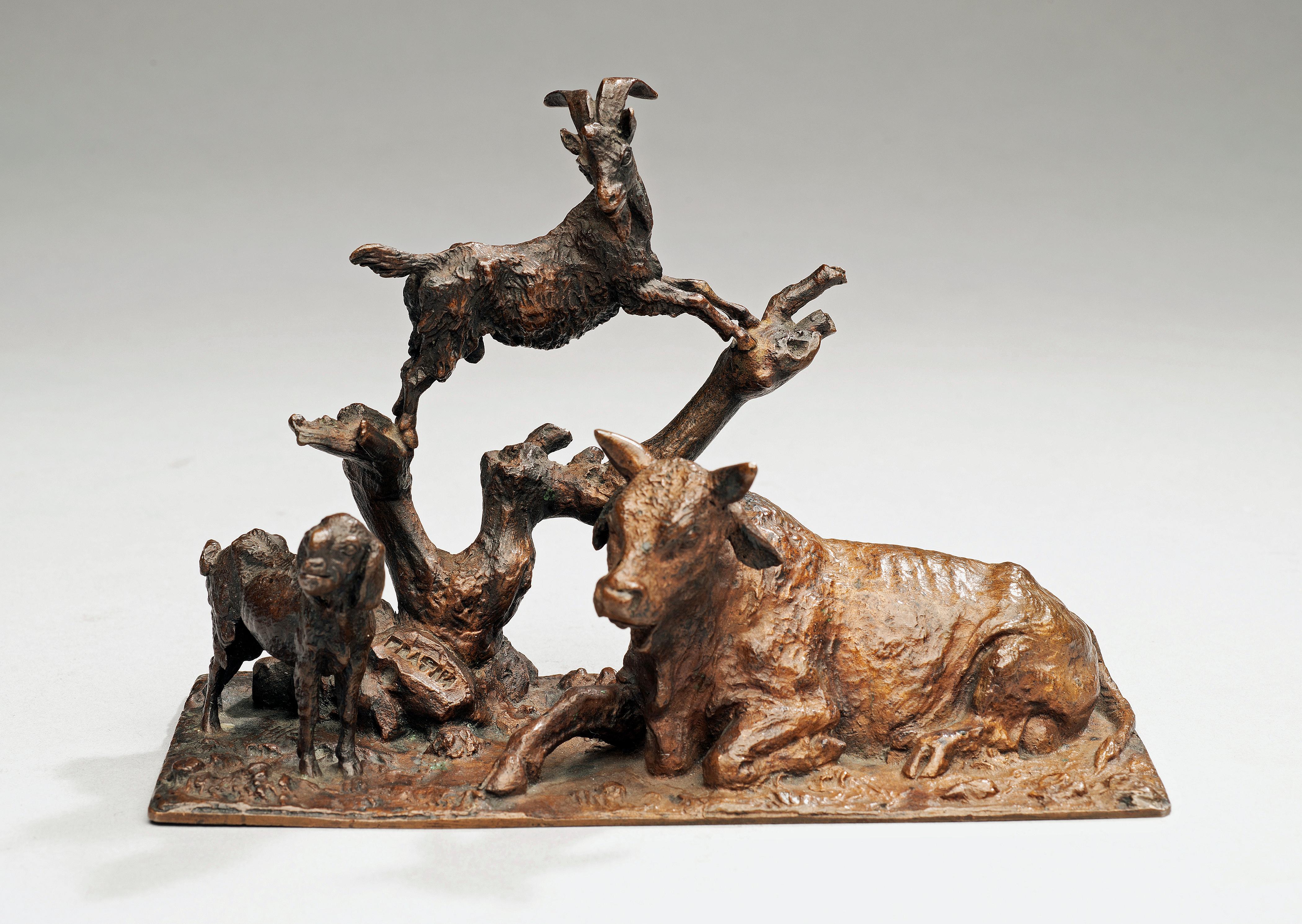 Antique Bronze Miniature Barnyard with a Bull, Sheep & Goat circa 1860, France - Sculpture by Christopher Fratin