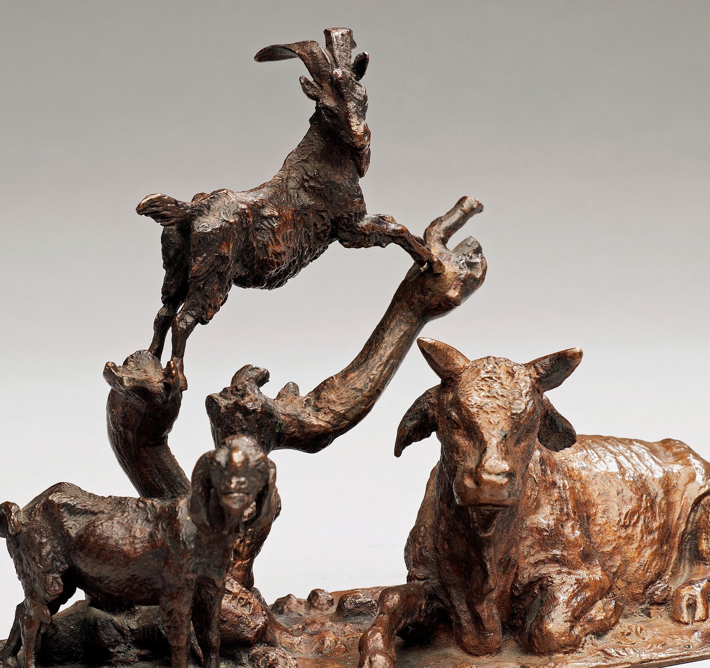 Antique Bronze Miniature Barnyard with a Bull, Sheep & Goat circa 1860, France - Gold Figurative Sculpture by Christopher Fratin