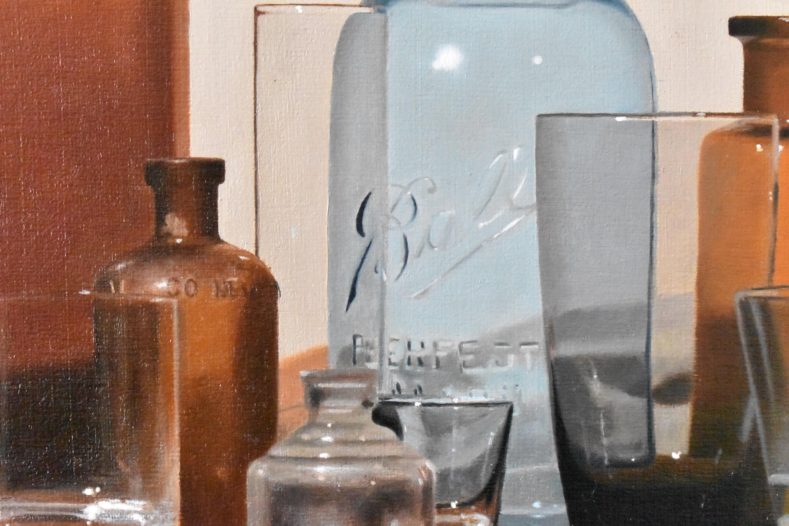 <p>Artist Comments<br>A realistic painting of an assortment of glassware set atop a wooden desk by artist Christopher Garvey. A fitting muted background completes the scene heightening the colors of the subjects. Translucent brown, blue, and clear