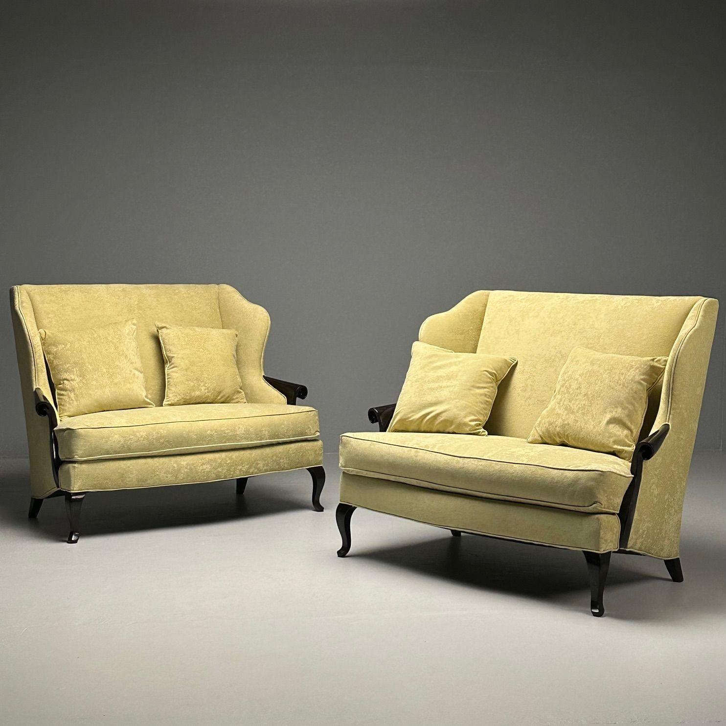 Christopher Guy, Contemporary, Sofas or Settees, Celadon Velvet, Mahogany

Pair of sleek and stylish modern sofas or settees designed by Christopher Guy. Newly upholstered in Celadon green velvet with two matching throw pillows. This work features a