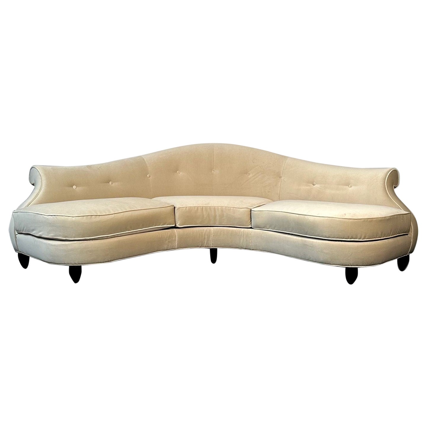 Christopher Guy, Modern, Curved Lafite Sofa, Beige Velvet, Black Wood, 2010s