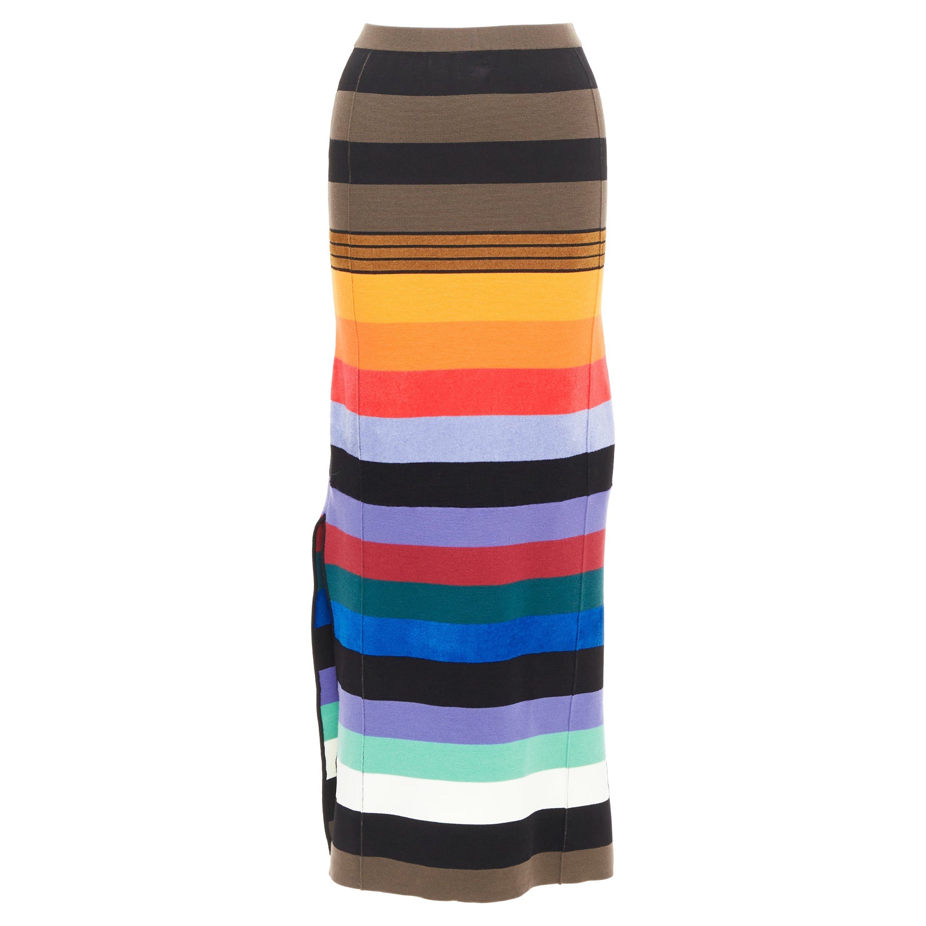 Pre-owned Christopher John Rogers Multicolor Rainbow Stripe Knit Side Slit Maxi Skirt Xs In Brown