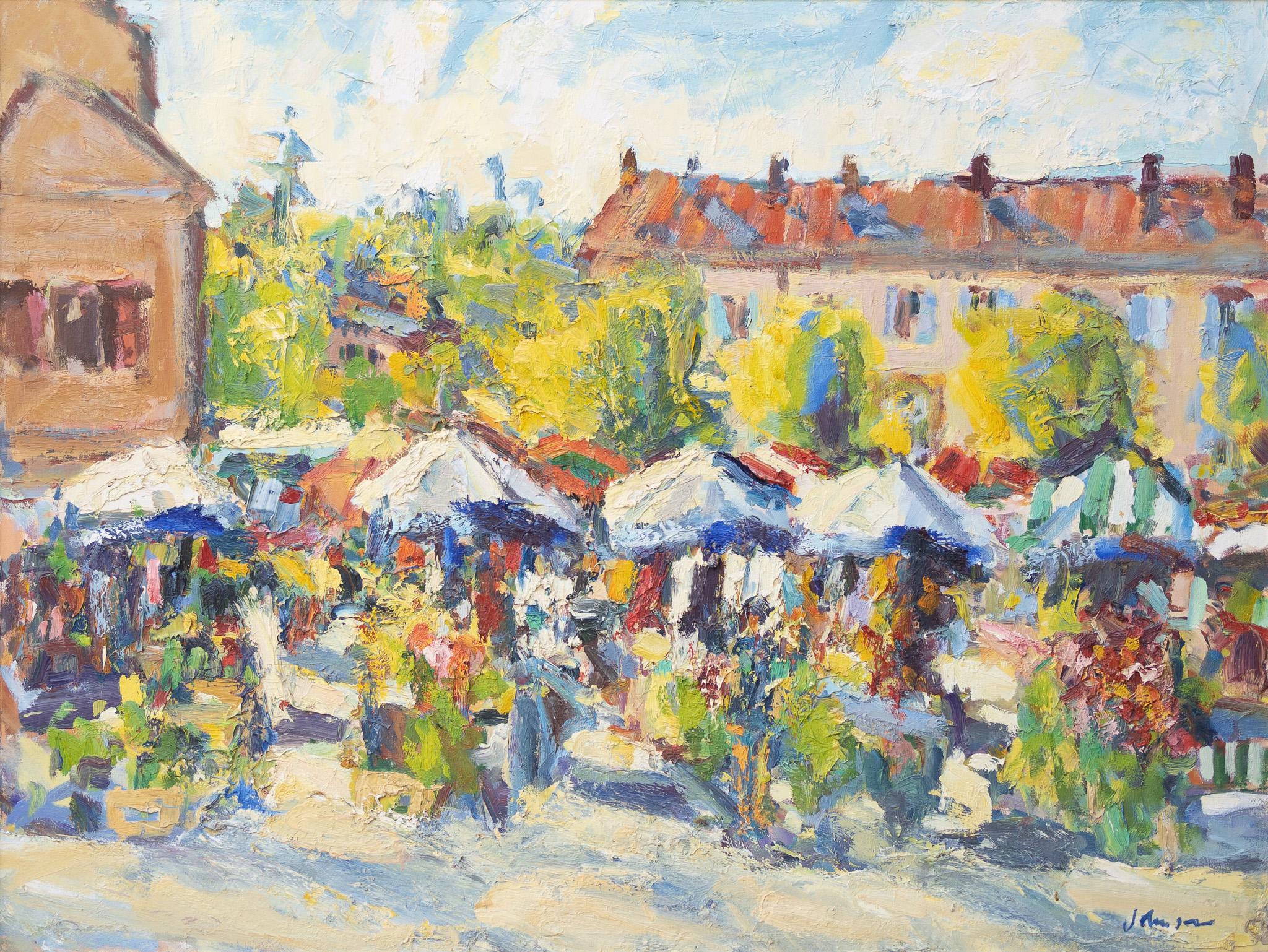 Französischer „Kordes-Markt“ Französische Marktszene – Painting von Christopher Johnson