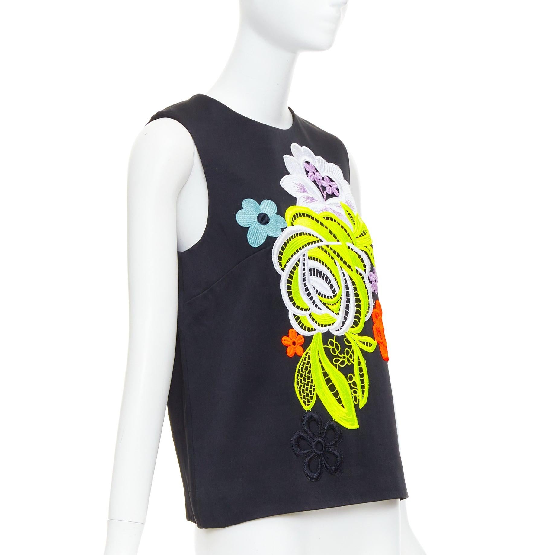 Black CHRISTOPHER KANE 2016 black neon floral embroidered front vest top UK12 L For Sale