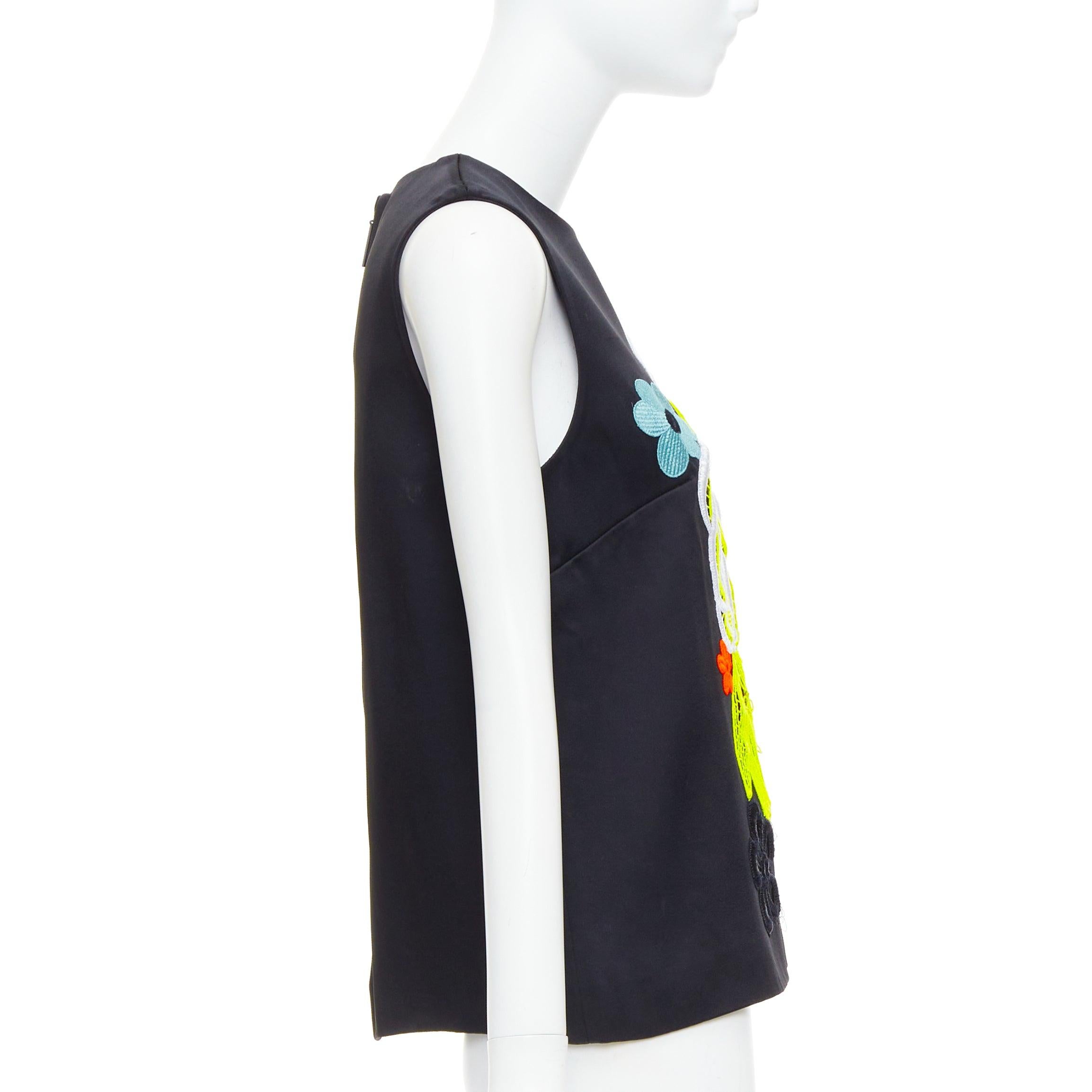 CHRISTOPHER KANE 2016 black neon floral embroidered front vest top UK12 L In Good Condition For Sale In Hong Kong, NT