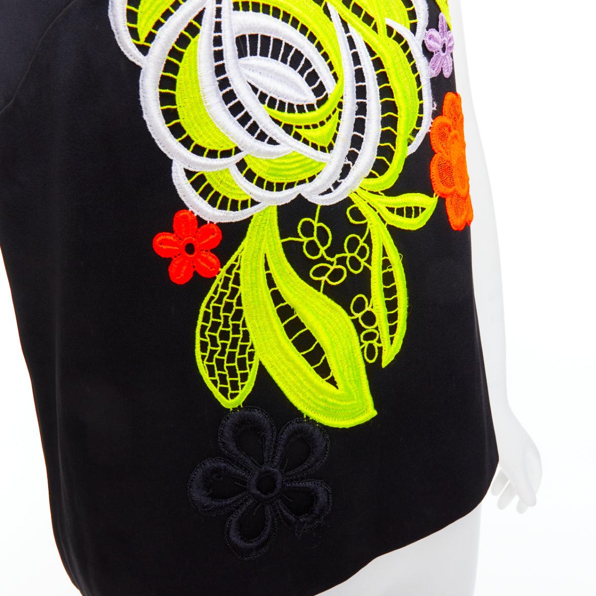 CHRISTOPHER KANE 2016 black neon floral embroidered front vest top UK12 L For Sale 2