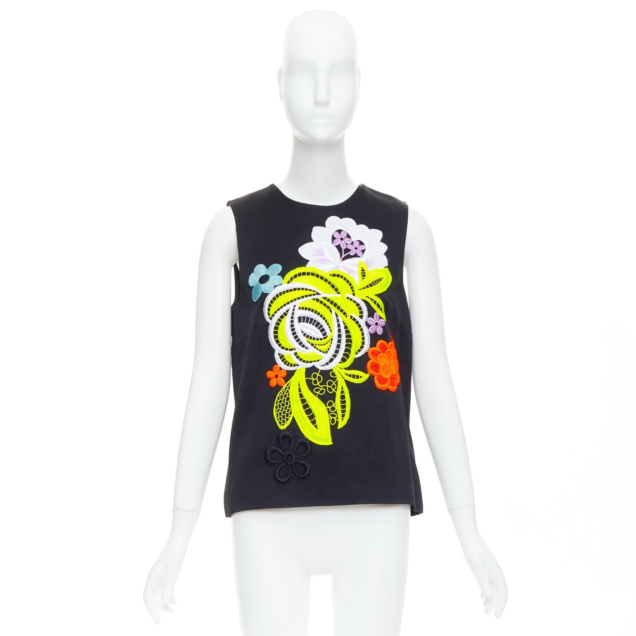 CHRISTOPHER KANE 2016 black neon floral embroidered front vest top UK12 L For Sale 4