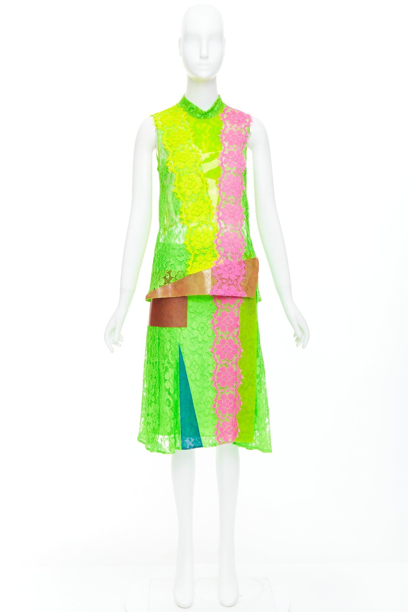CHRISTOPHER KANE 2016 Runway neon green pink PVC lace skirt set UK8 S For Sale 6