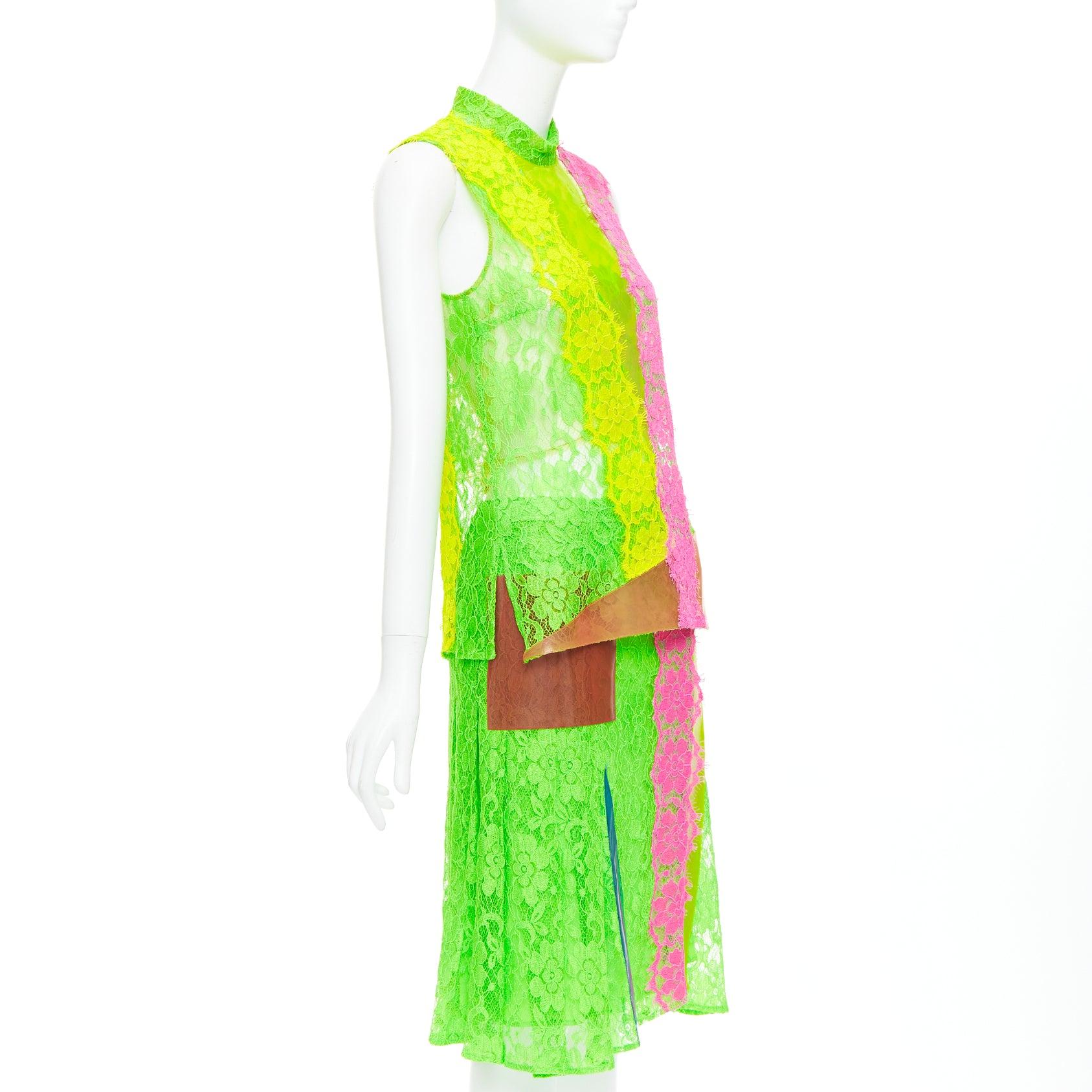 Green CHRISTOPHER KANE 2016 Runway neon green pink PVC lace skirt set UK8 S For Sale