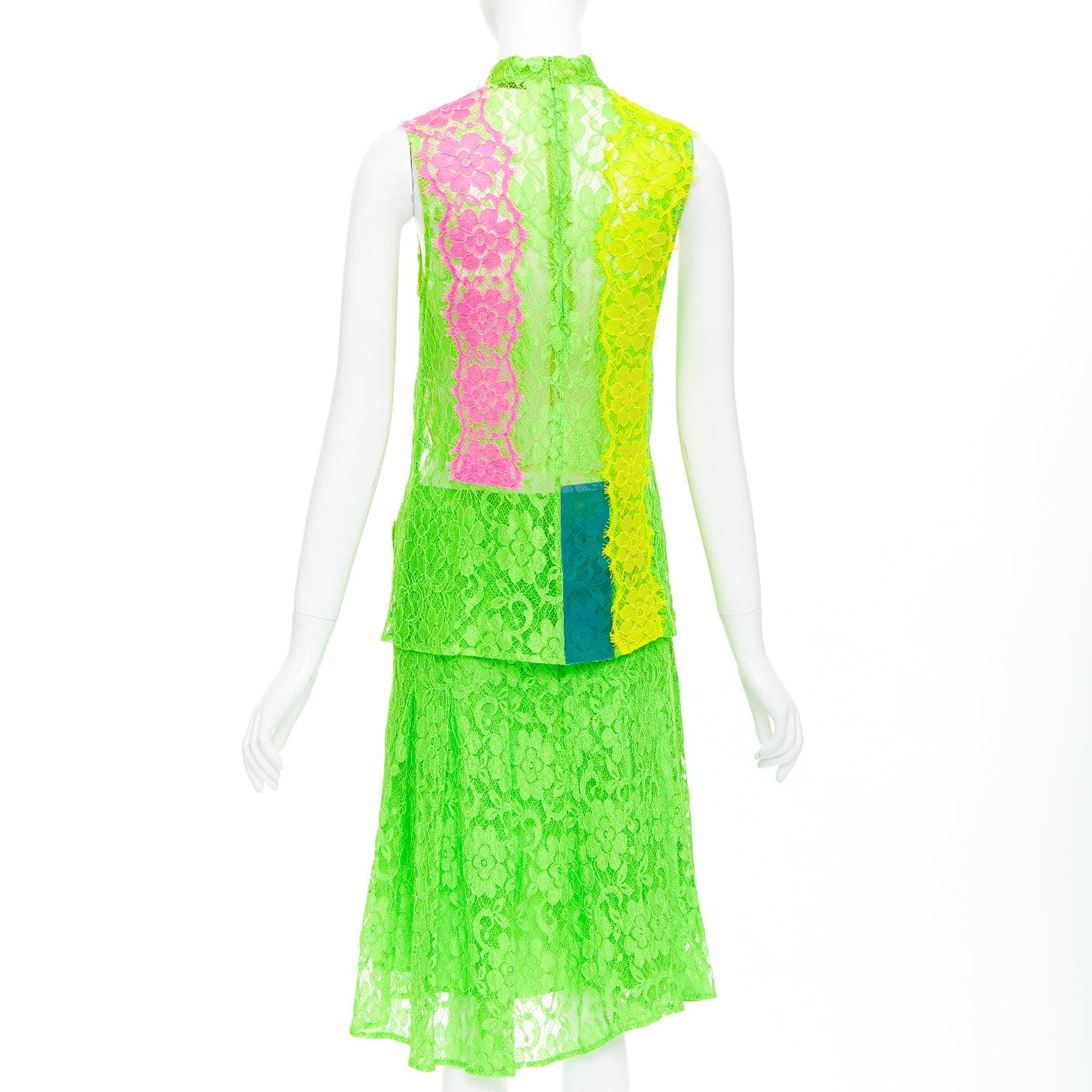 Women's CHRISTOPHER KANE 2016 Runway neon green pink PVC lace skirt set UK8 S For Sale